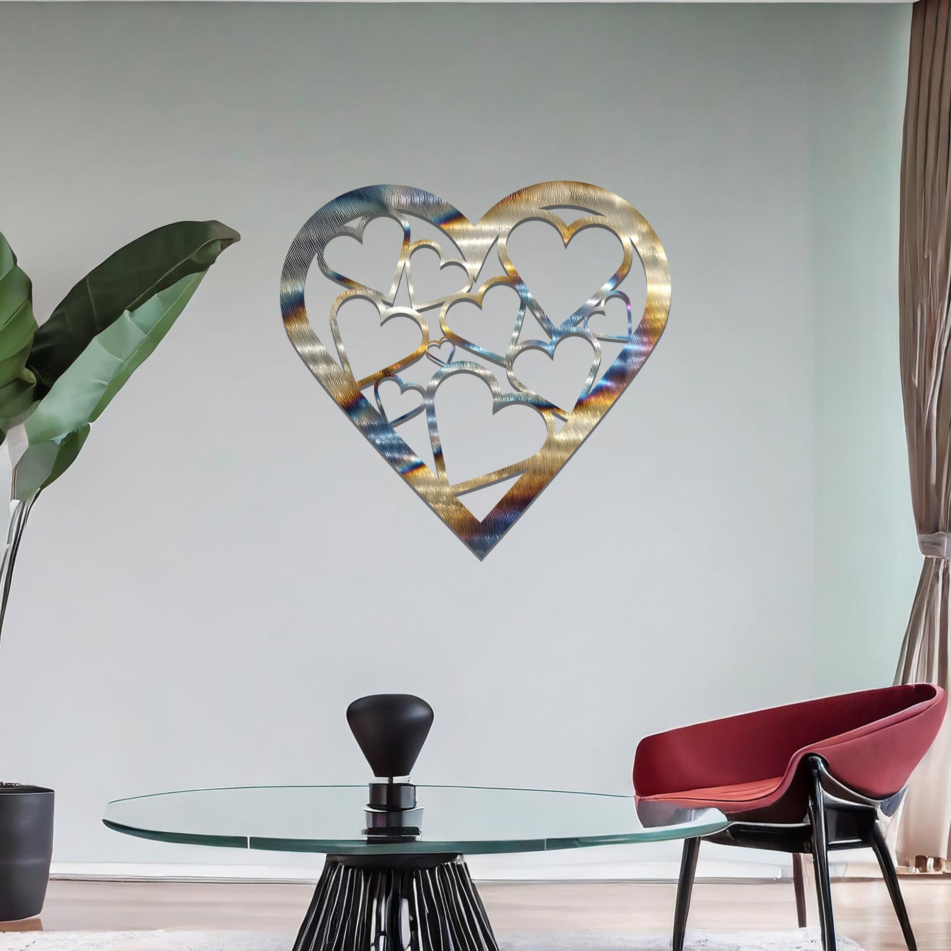 Modern heart-shaped wall art featuring a pattern of interconnected hearts, creating a stylish and romantic accent for your living space.
