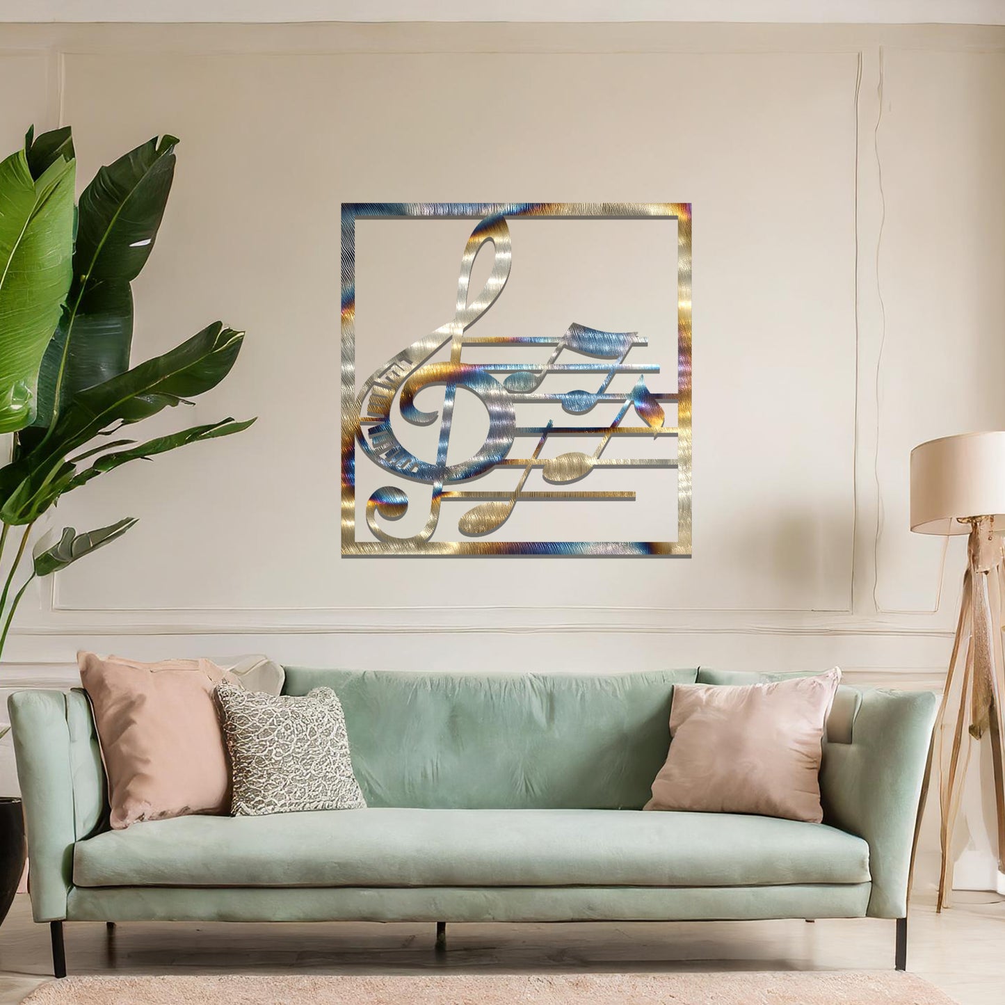 Metal wall art featuring a square design with a treble clef and musical notes on a staff, adding a harmonious and artistic touch to the space.