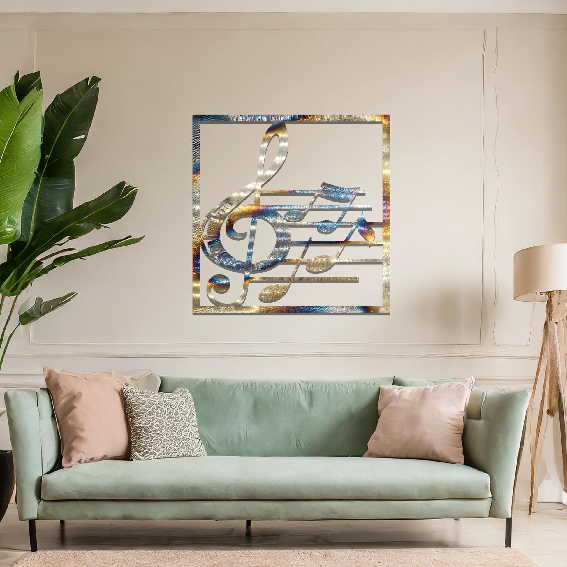 Metal wall art featuring a square design with a treble clef and musical notes on a staff, adding a harmonious and artistic touch to the space.