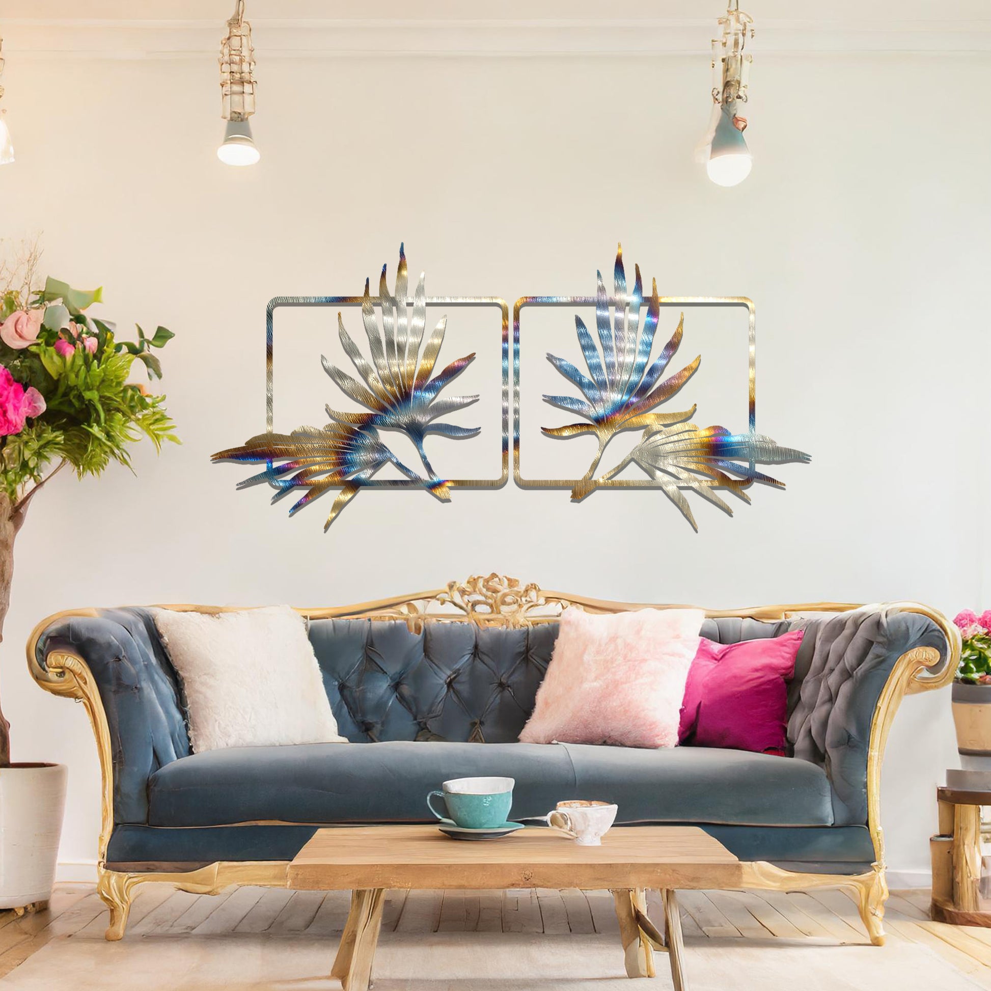 A stunning set of wall art featuring two panels with elegantly detailed bird of paradise leaf designs. Ideal for adding a sophisticated tropical touch to your interior decor.