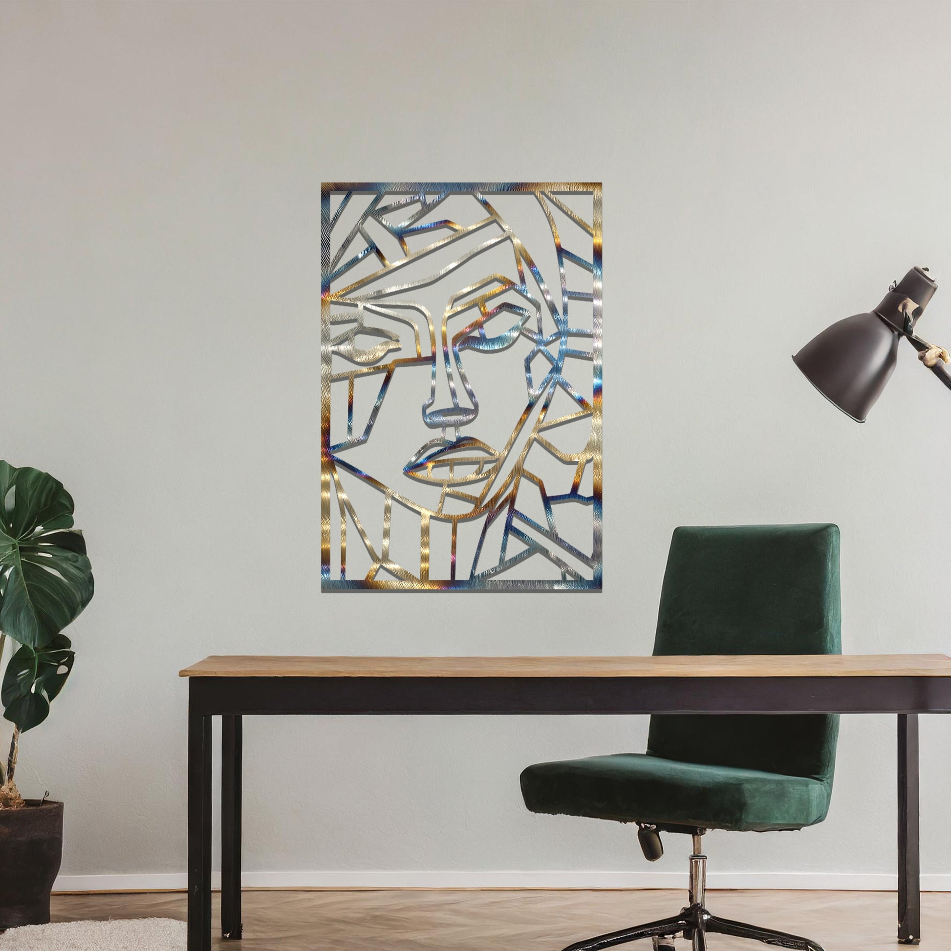 Abstract geometric wall art design of a face, created through angular, fragmented lines that form a modern and artistic interpretation of human features.