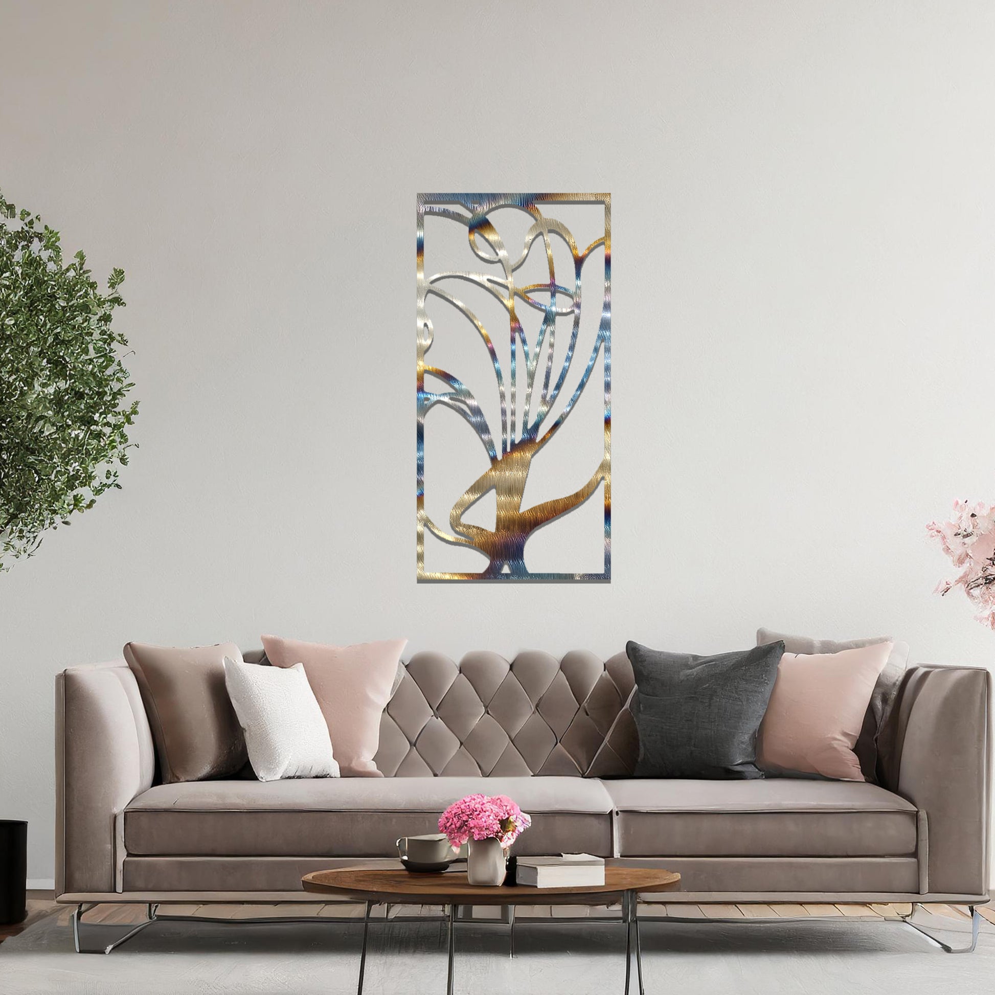 Metal wall art featuring a rectangular abstract design with flowing, interconnected lines, adding a modern and artistic element to the space.