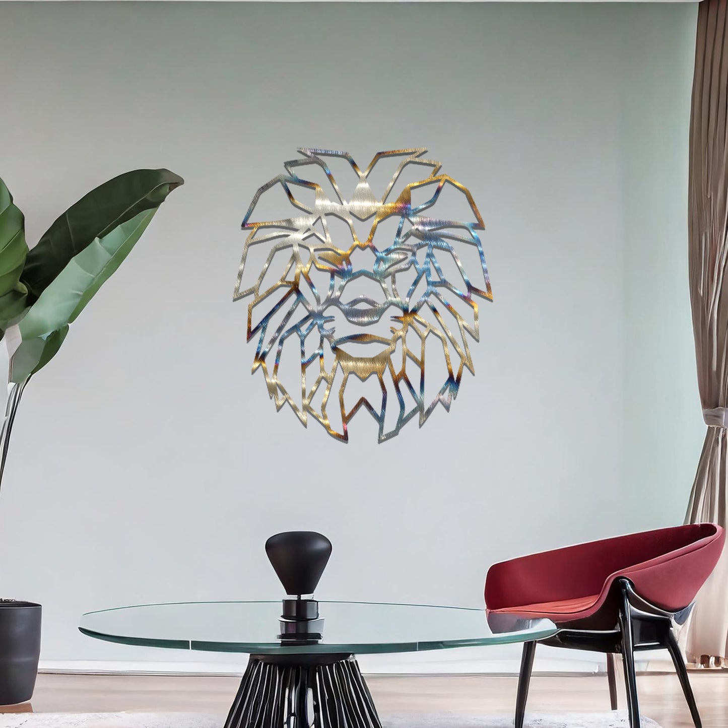Metal wall art featuring a geometric lion head design with intricate angular detailing, crafted with precise laser-cut techniques, displayed on a neutral wall within modern decor.