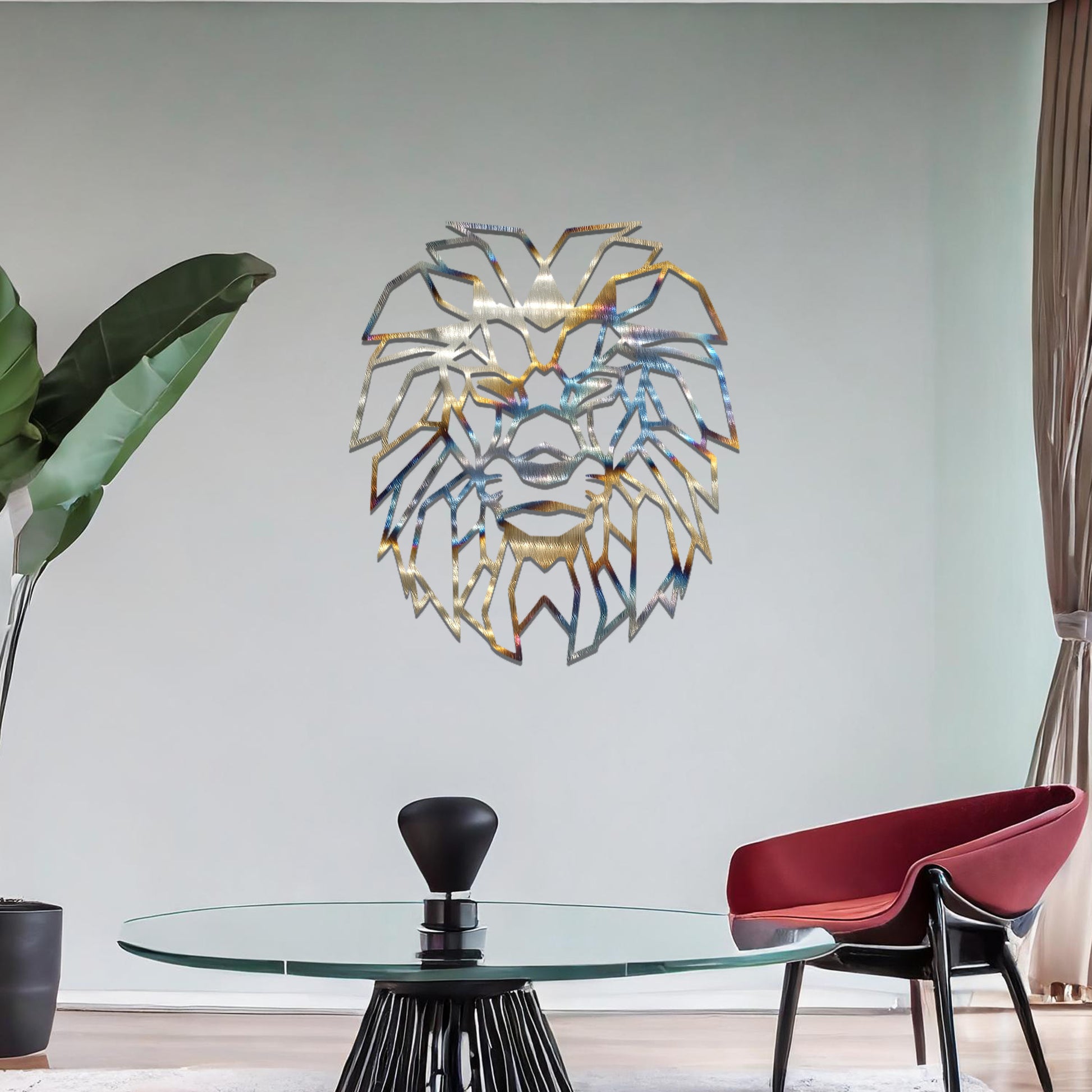 Metal wall art featuring a geometric lion head design with intricate angular detailing, crafted with precise laser-cut techniques, displayed on a neutral wall within modern decor.