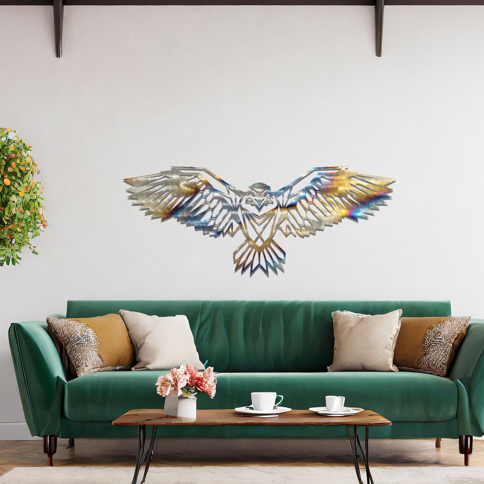 Metal wall art featuring a geometric eagle design with outstretched wings and intricate detailing, crafted with precise laser-cut techniques, displayed on a neutral wall within modern decor.