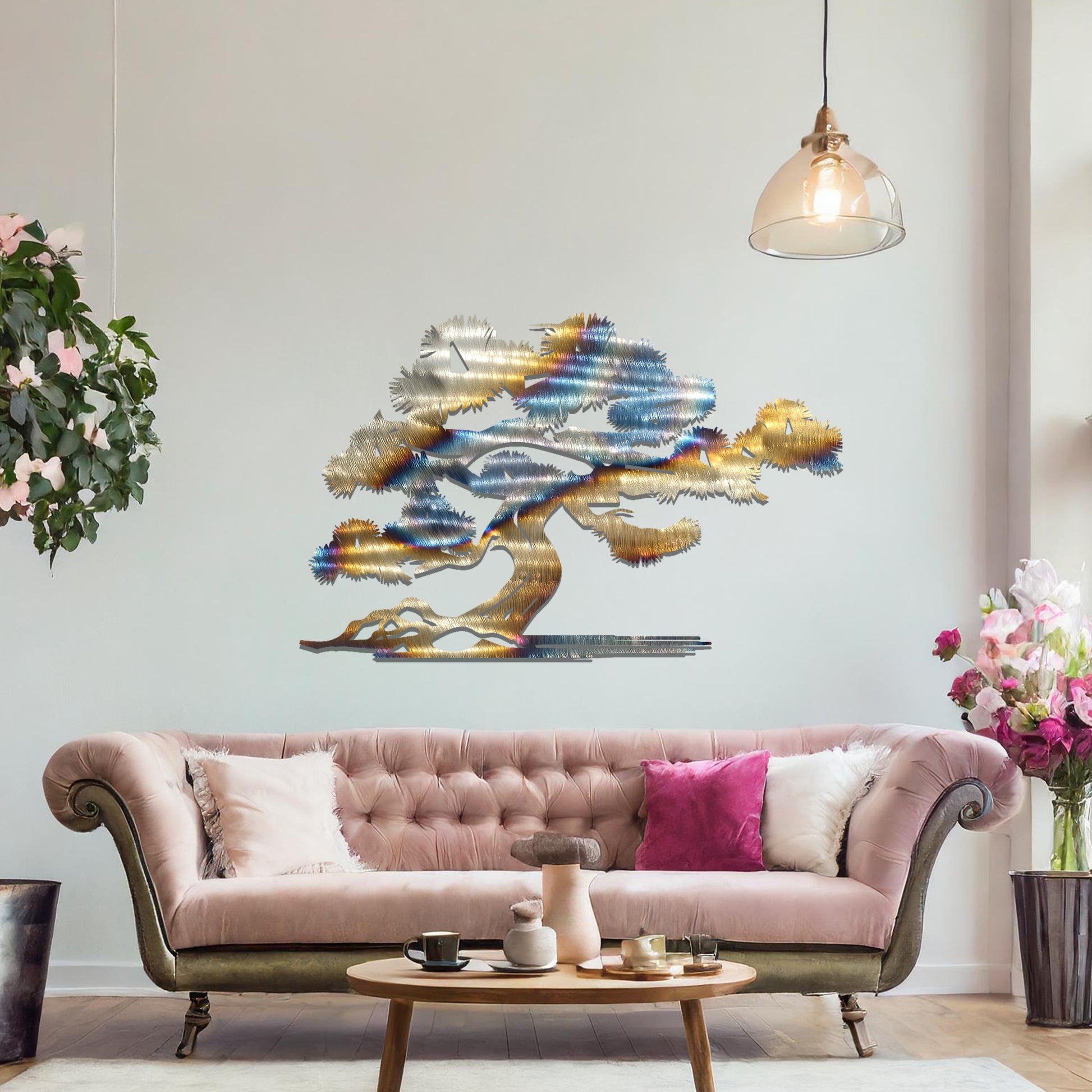 Metal wall art showcasing a serene bonsai tree design with flowing branches and a textured trunk, adding an artistic and calming element to the living space.