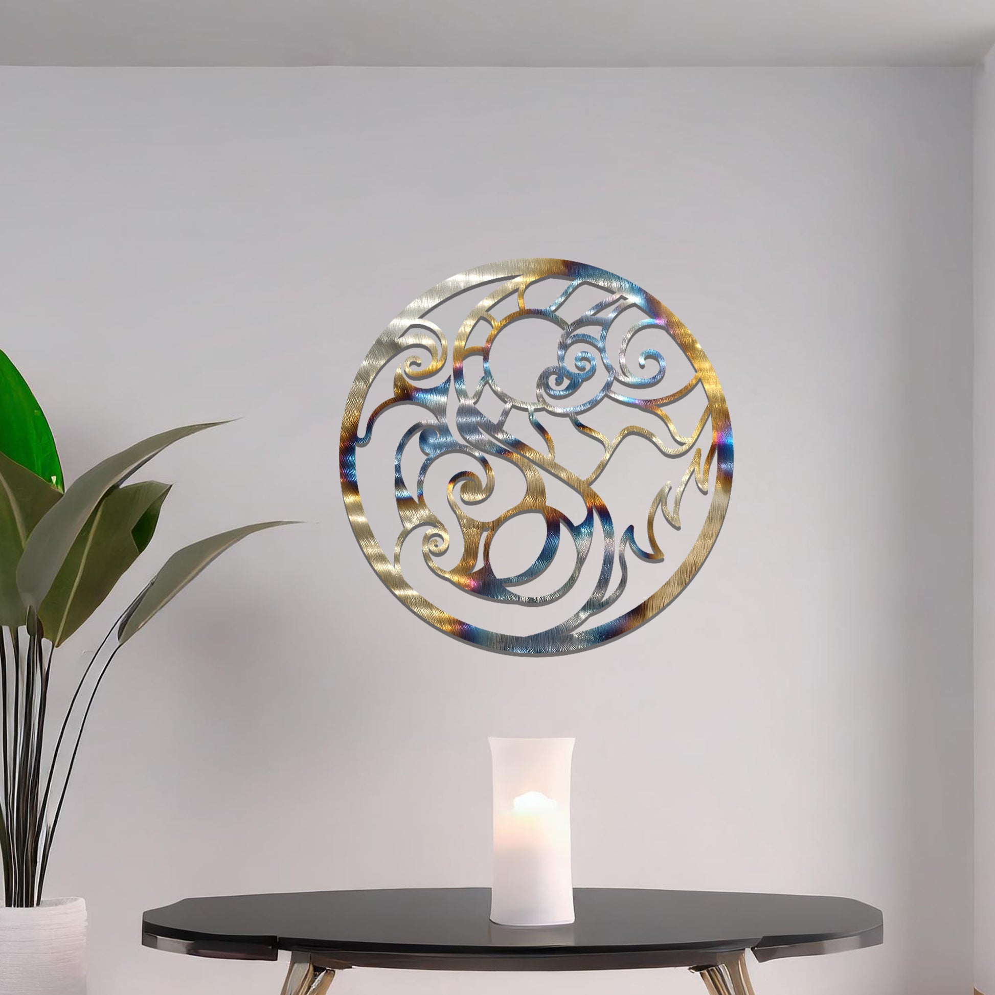 Intricate swirling design forming a circular shape, with dynamic lines representing movement and contrast. The art is displayed on a neutral wall in a stylish room with modern decor and vibrant flowers.