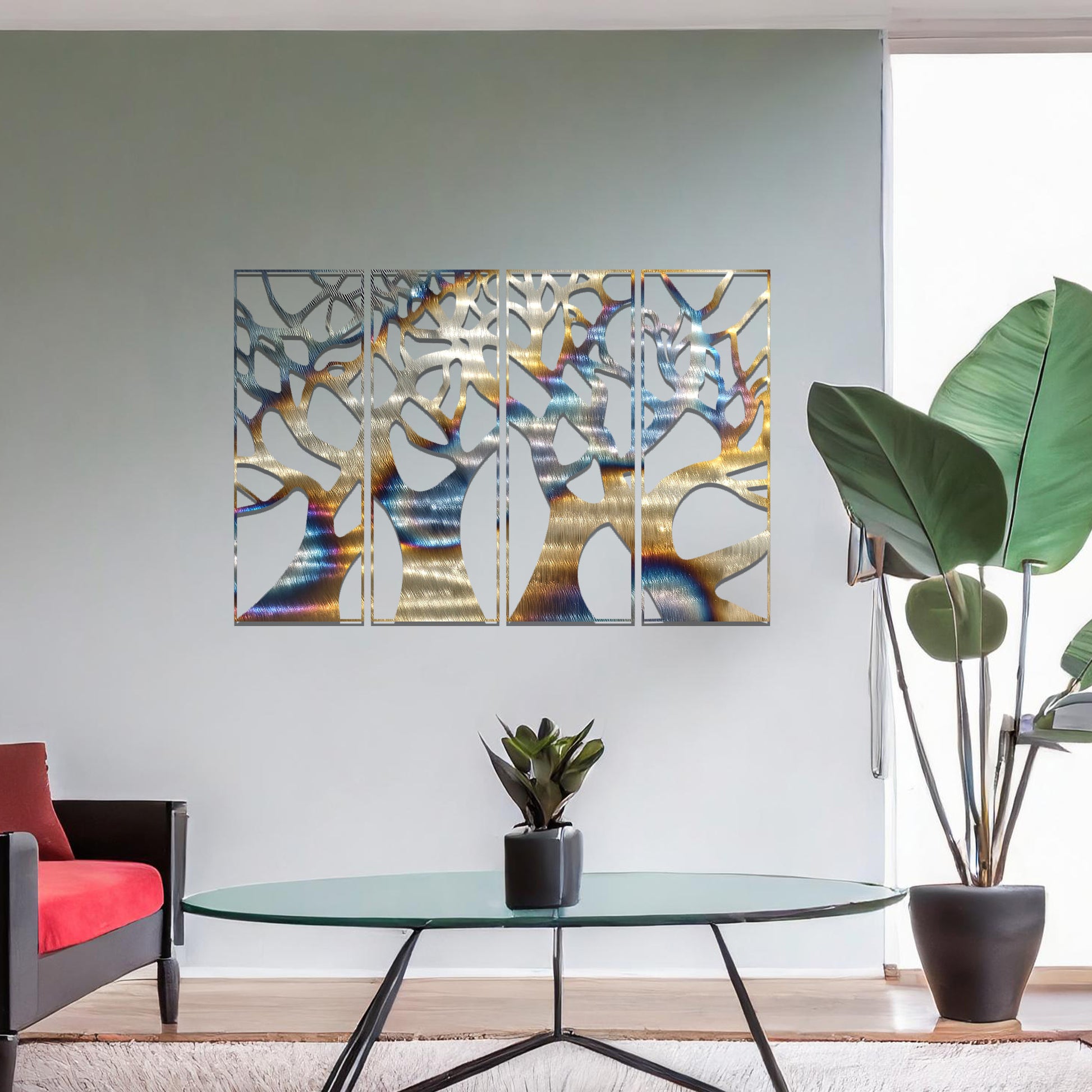 Metal wall art featuring a four-panel design of interconnected tree trunks and branches, showcasing intricate details and organic shapes, creating a striking and nature-inspired statement piece for the interior.