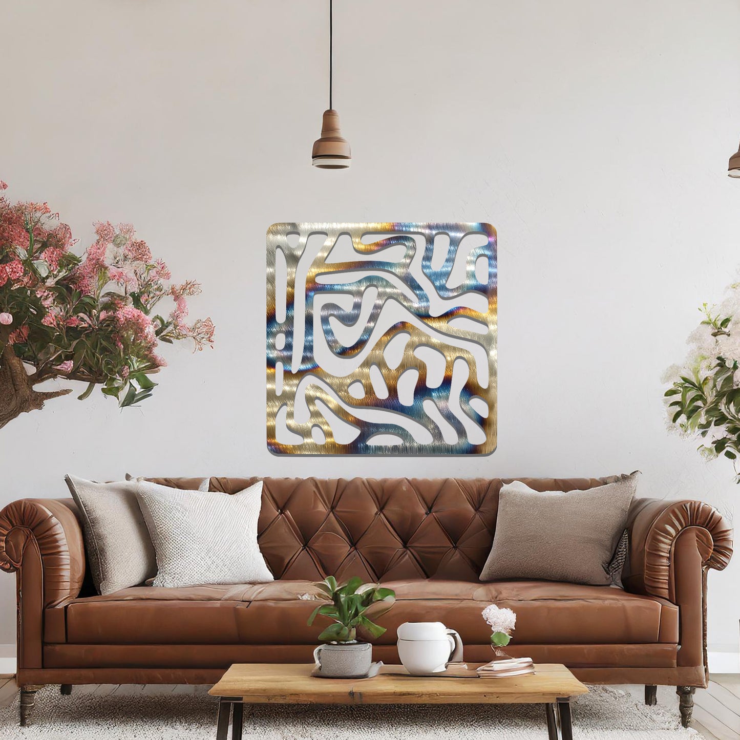 Abstract flowing line design with curved and irregular patterns, creating a dynamic and modern composition. The art is displayed on a neutral wall in a minimalist room with contemporary decor.