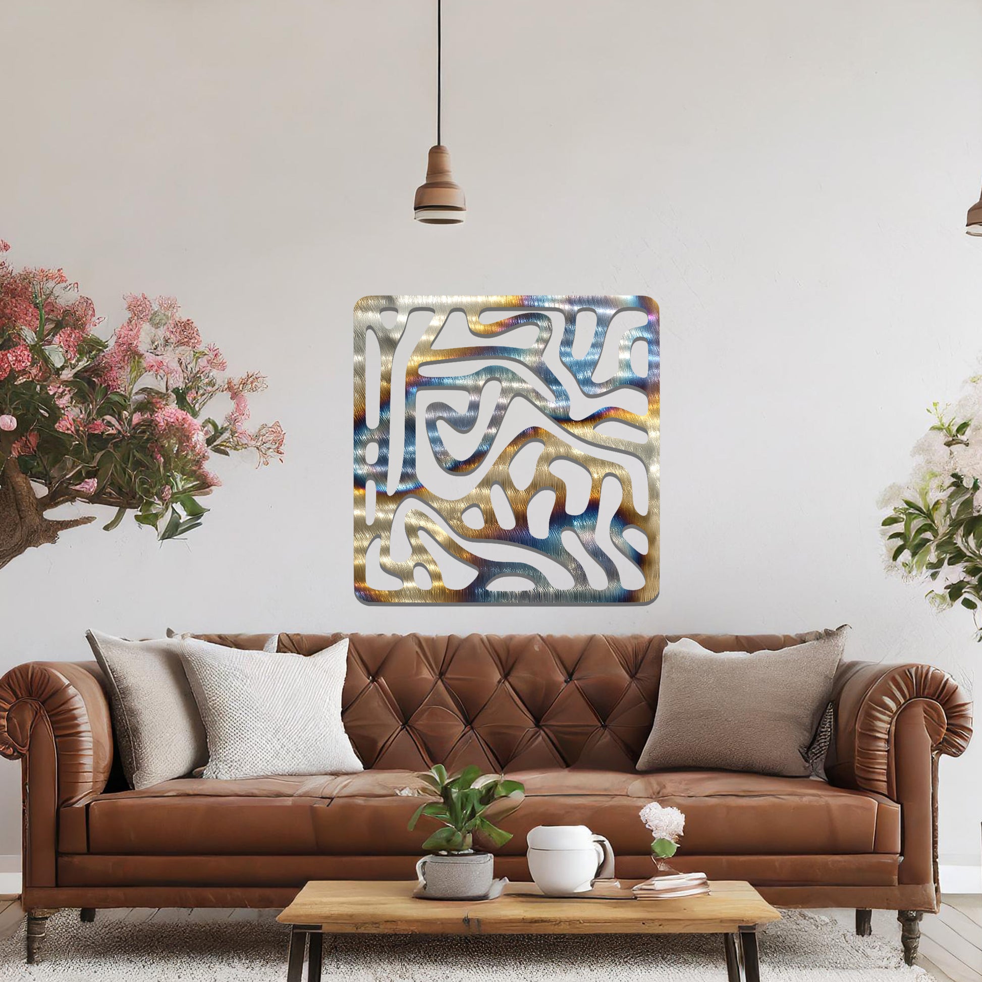 Abstract flowing line design with curved and irregular patterns, creating a dynamic and modern composition. The art is displayed on a neutral wall in a minimalist room with contemporary decor.