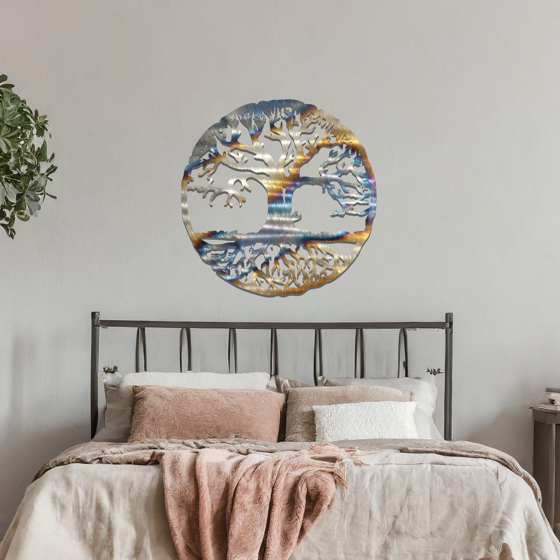 A captivating tree of life design enclosed in a circular frame, highlighting intricate branches and roots. This wall art symbolises harmony, growth, and connection, making it a meaningful addition to any interior space.