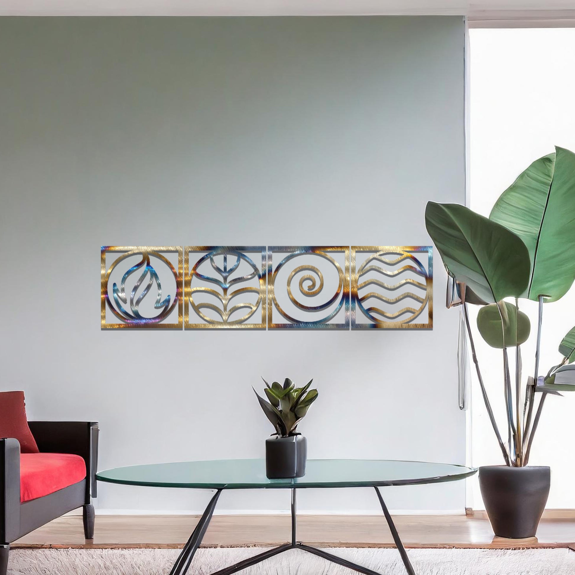 A geometric representation of the four classical elements: fire, earth, air, and water, displayed in a minimalist, rust-effect design. Each symbol is framed for a balanced and artistic look.