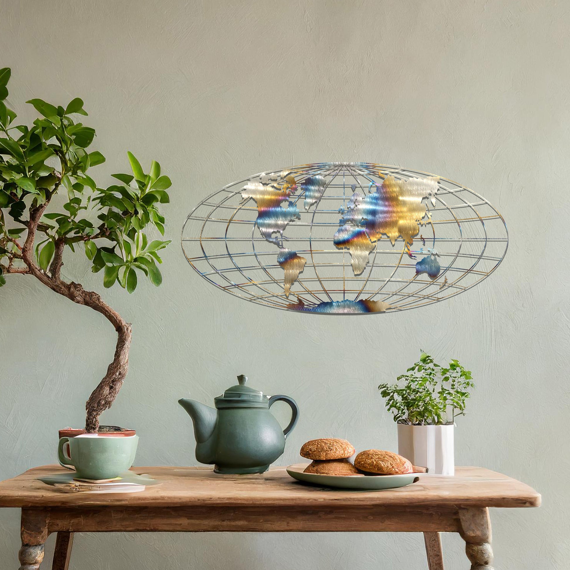 Metal wall art featuring a detailed world map design within an oval grid pattern, crafted with precise laser-cut techniques, displayed on a neutral wall within modern decor.