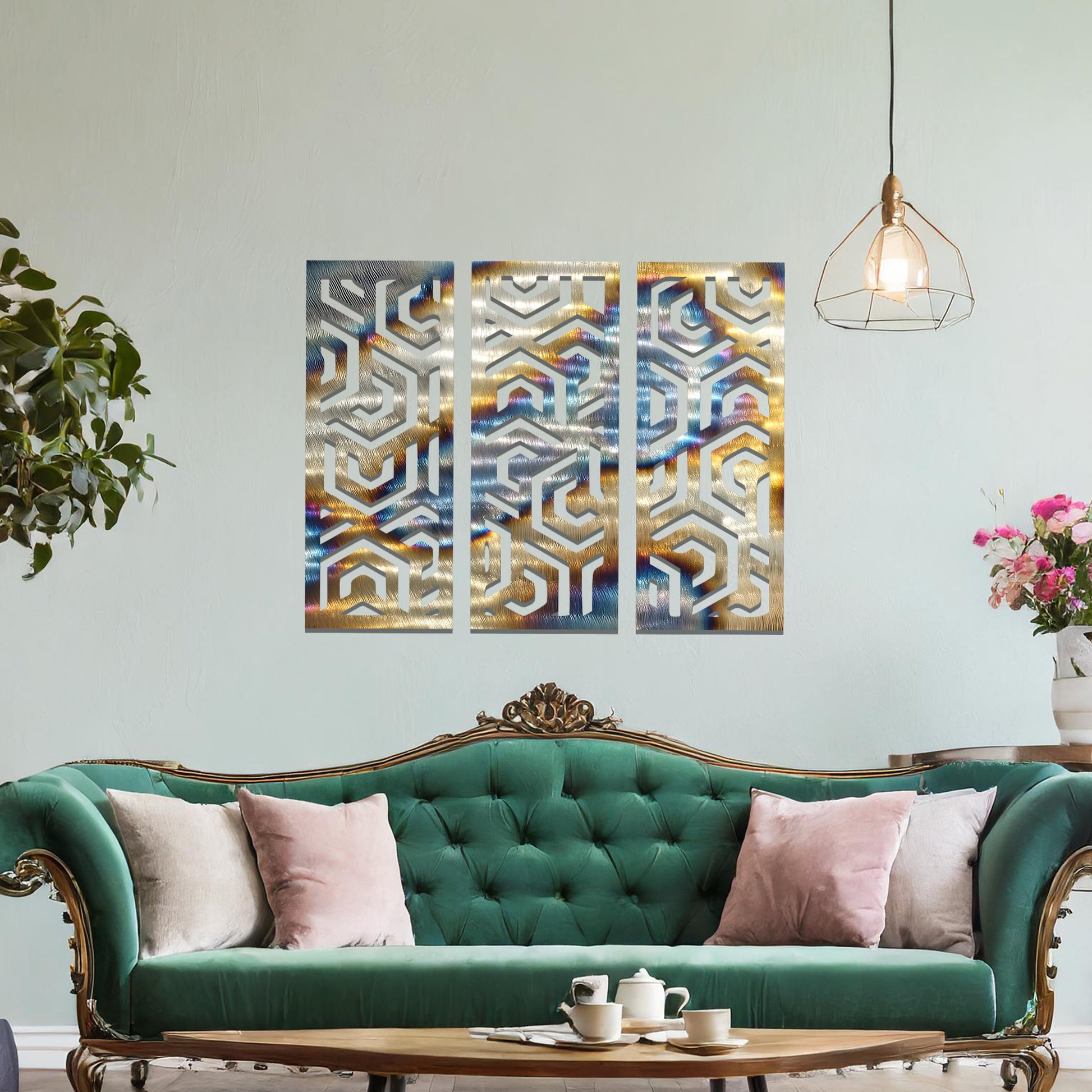 A modern geometric wall art triptych featuring intricate interlocking patterns, perfect for adding depth and sophistication to your living space with a contemporary edge.
