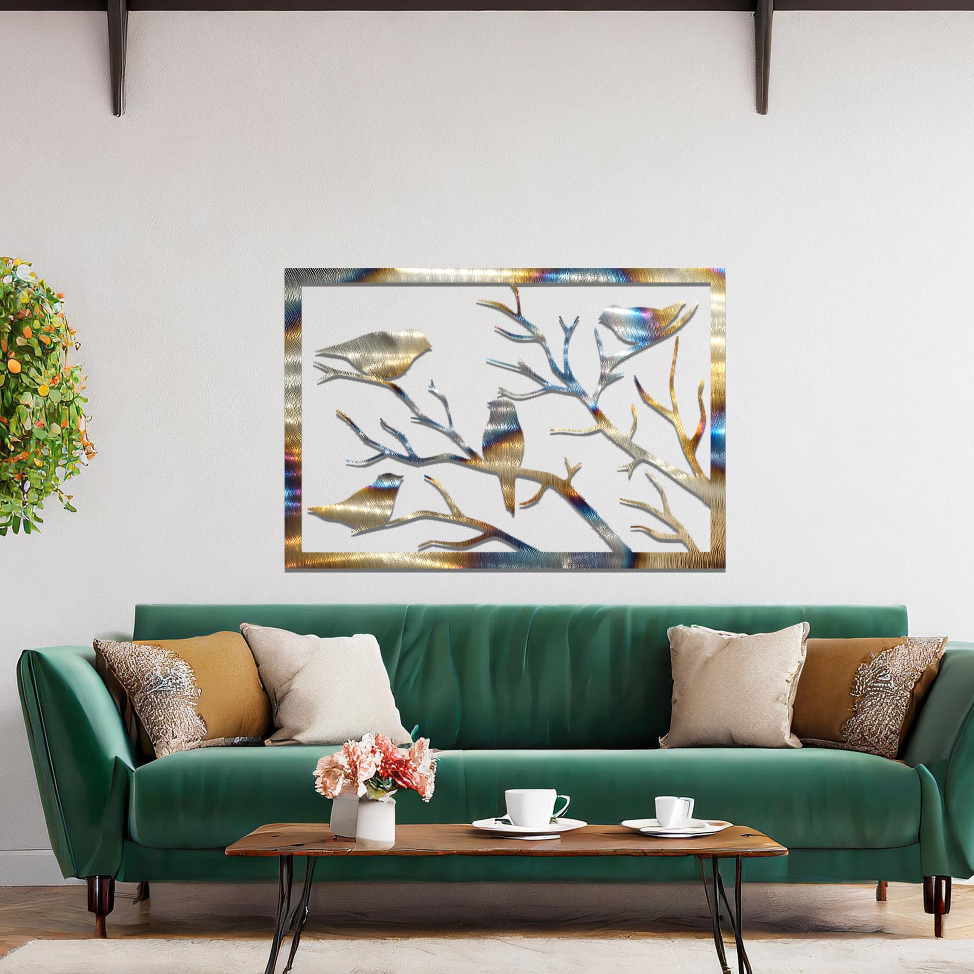 Metal wall art featuring a rectangular design of birds perched on bare branches, showcasing intricate silhouettes and adding a touch of nature-inspired charm to the interior space.