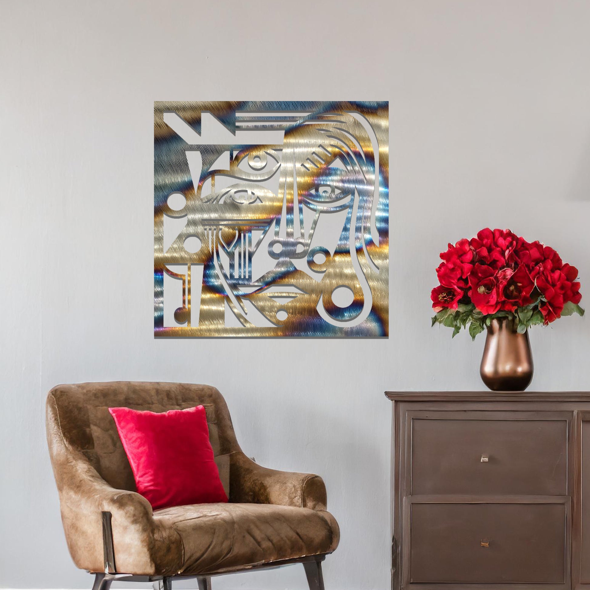 Abstract geometric face design with bold lines, circles, and angles, creating a striking, stylized portrait. The art is displayed on a neutral wall in a modern room setting with minimalistic decor.