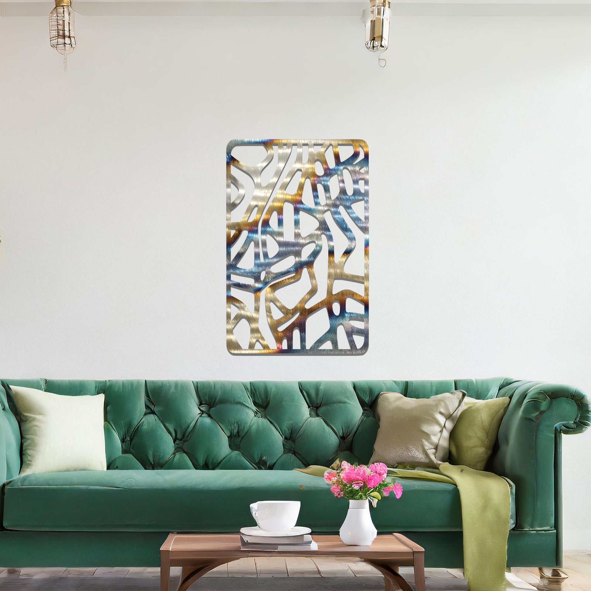 Metal wall art featuring an abstract design with interconnected lines and shapes, creating an organic pattern. The art is placed on a neutral wall within modern living room decor, enhancing the contemporary style of the space.
