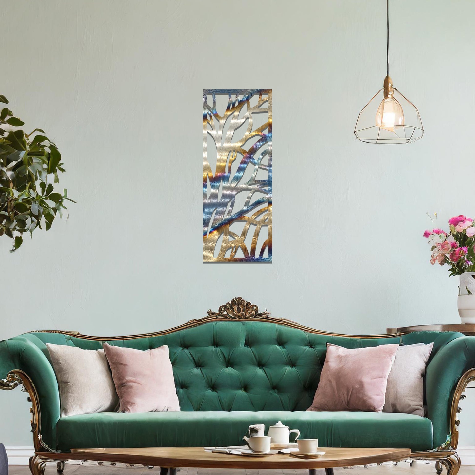 Metal wall art featuring a rectangular design with an abstract tree branch pattern, mounted on a neutral wall within modern room decor. The bold, minimalist craftsmanship adds a touch of natural elegance and contemporary style to the space.