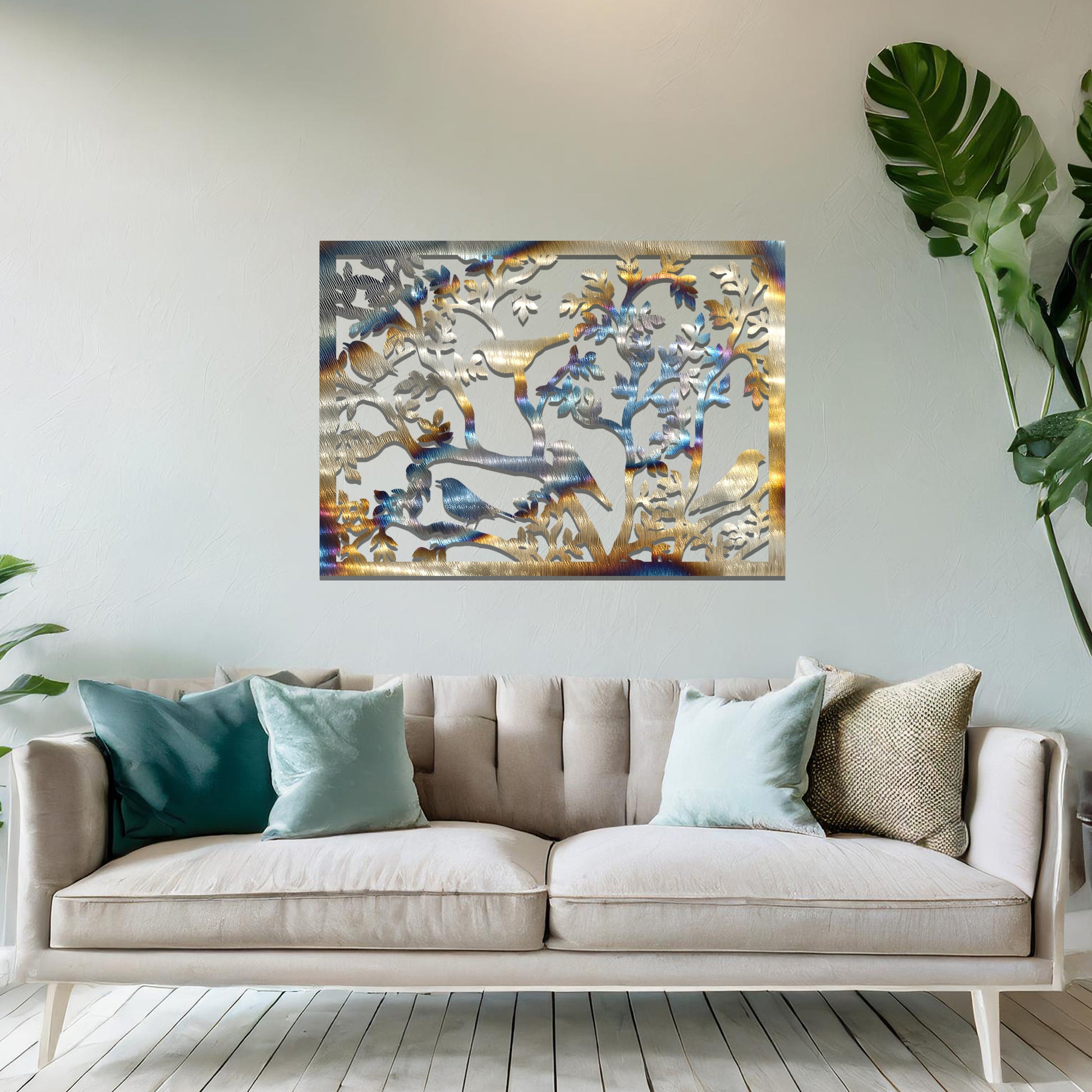 An intricately designed wall art piece showcasing birds perched on branches surrounded by delicate leaves, bringing a serene and natural touch to your interior space.