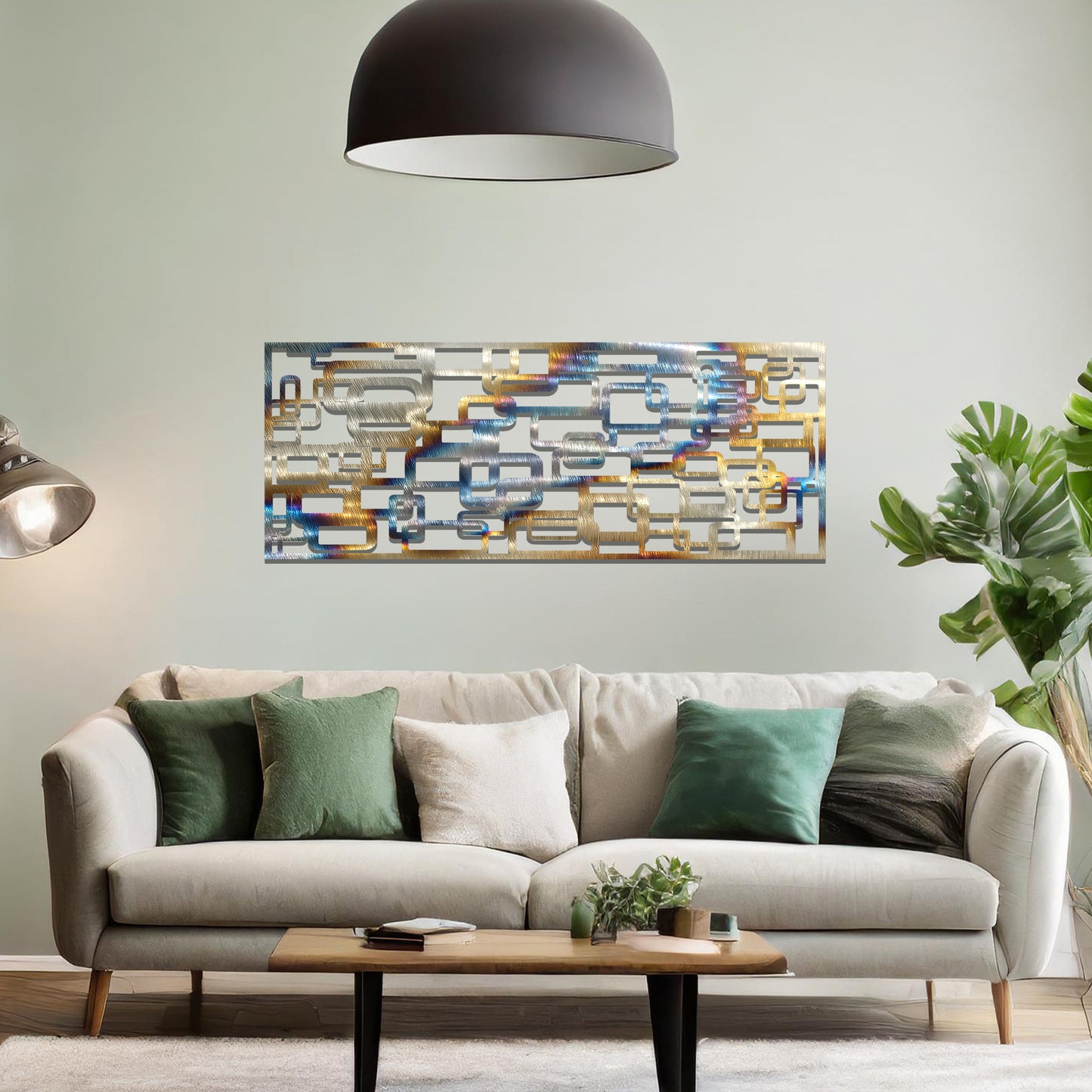 Metal wall art featuring an abstract geometric design with overlapping and interlocking rectangular shapes. The artwork is placed on a neutral wall in a modern living room, complementing contemporary decor with its dynamic and stylish form.