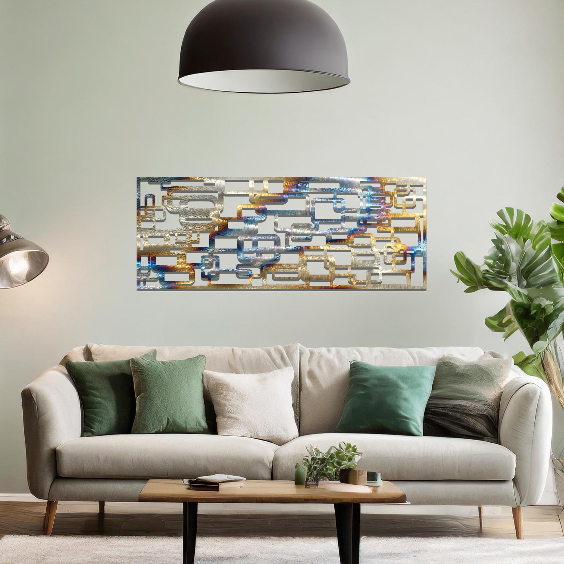 Metal wall art featuring an abstract geometric design with overlapping and interlocking rectangular shapes. The artwork is placed on a neutral wall in a modern living room, complementing contemporary decor with its dynamic and stylish form.