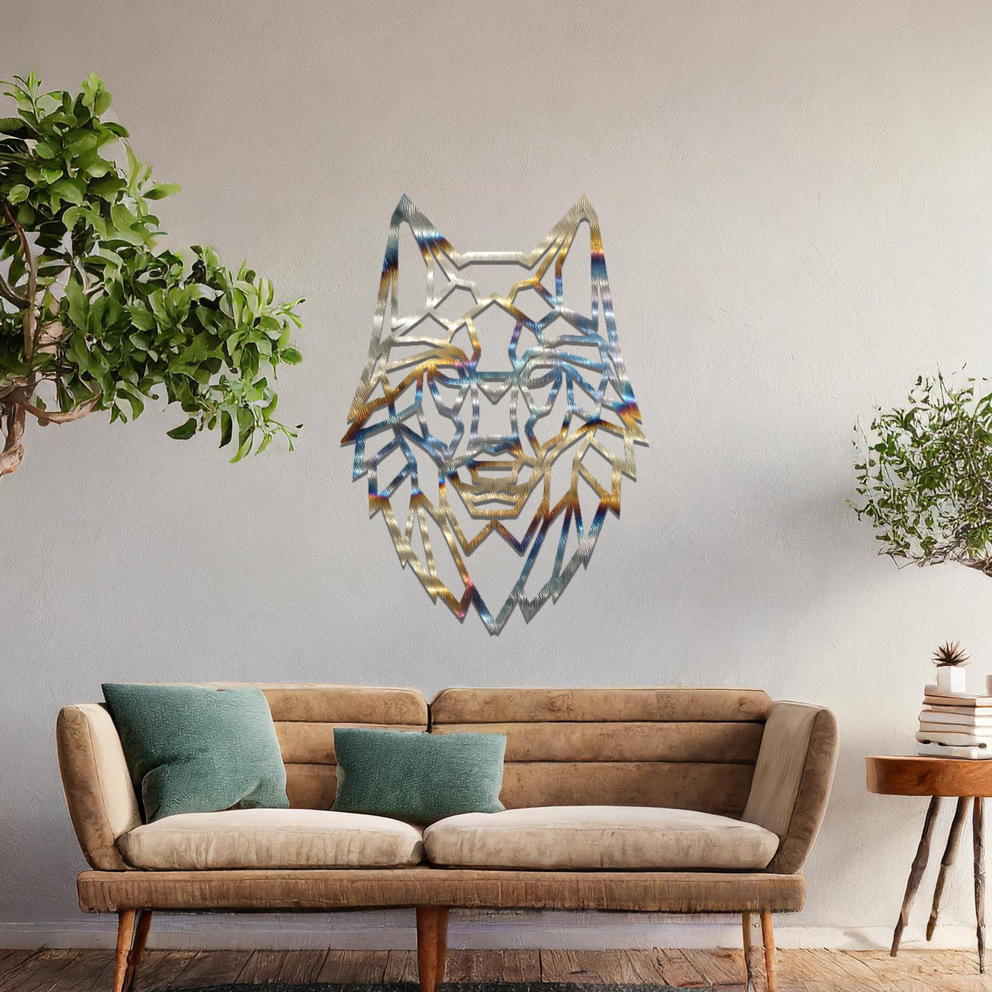 A geometric wolf head wall art design, blending modernity with the untamed spirit of nature. Its intricate lines form a striking focal point for any contemporary living space.
