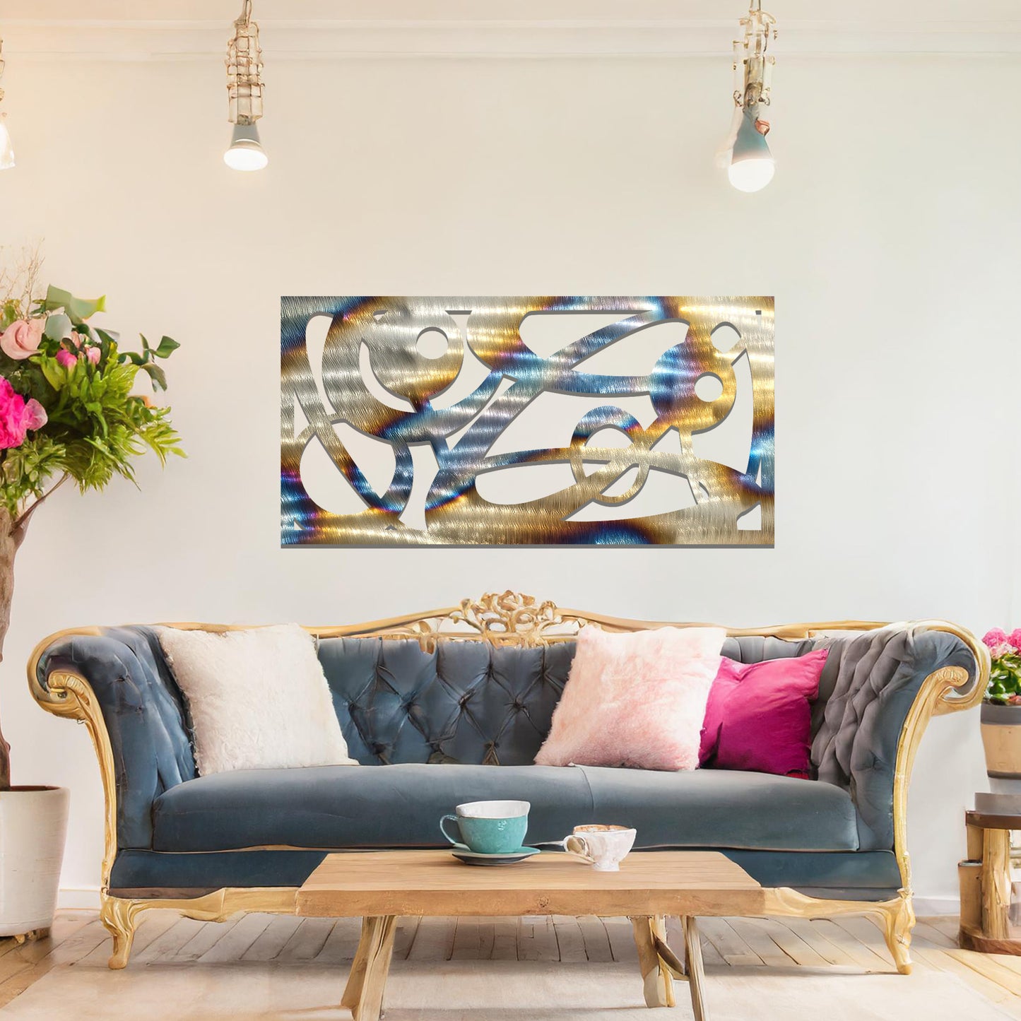 Metal wall art featuring a long, rectangular design with abstract swirling patterns and geometric shapes, mounted on a neutral wall within modern decor. The bold lines and shapes create an eye-catching focal point, adding a touch of artistic flair to the space.