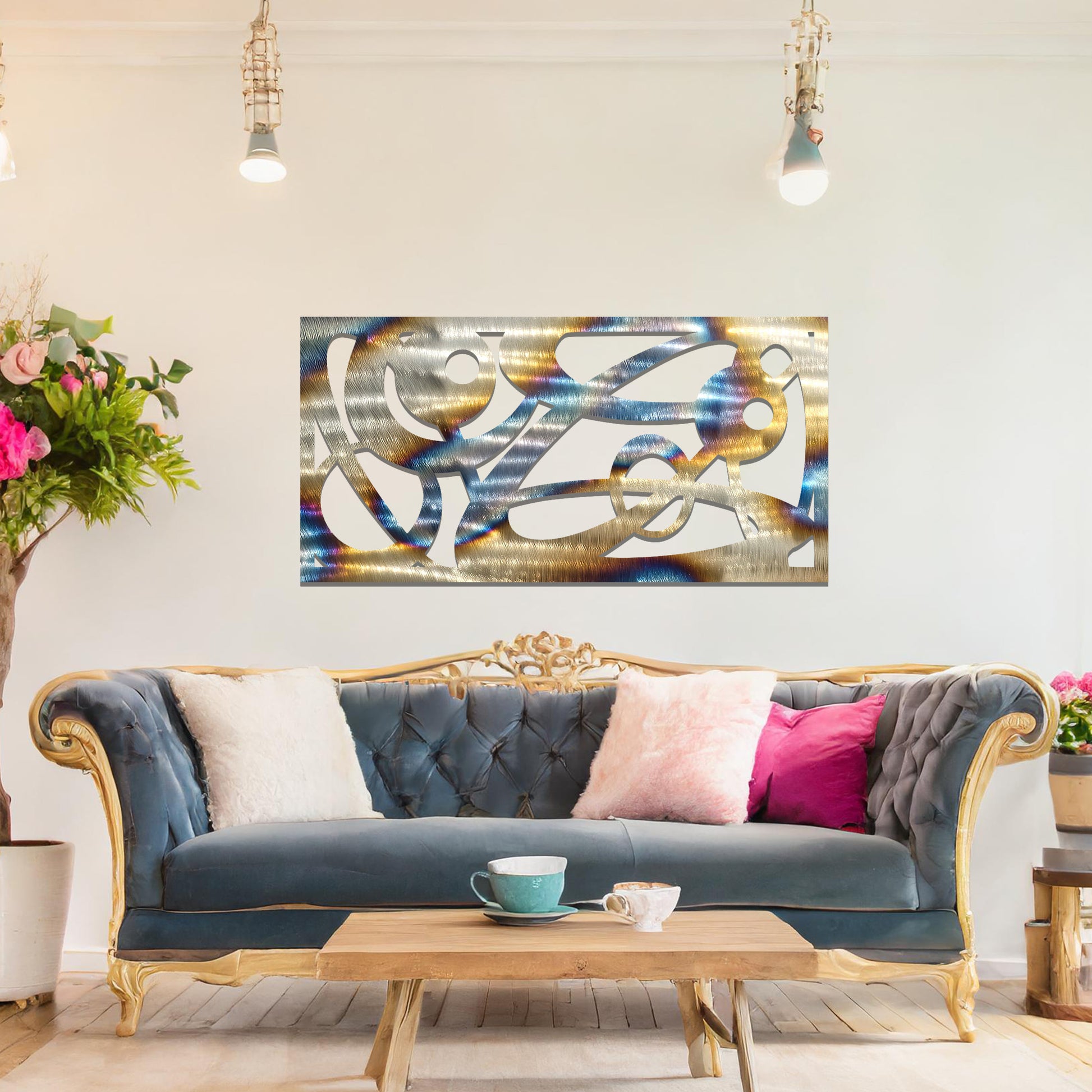 Metal wall art featuring a long, rectangular design with abstract swirling patterns and geometric shapes, mounted on a neutral wall within modern decor. The bold lines and shapes create an eye-catching focal point, adding a touch of artistic flair to the space.