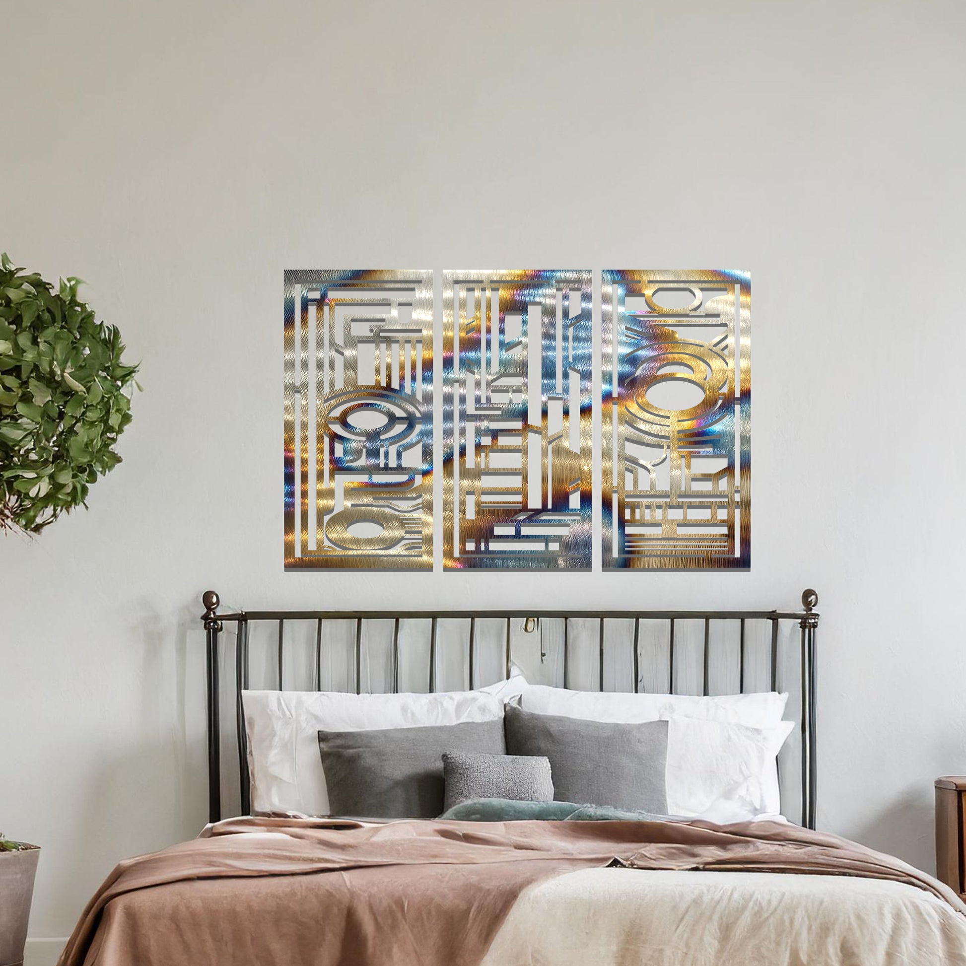 Modern geometric wall art consisting of three panels, each featuring intricate designs with circular and rectangular elements. The artwork is displayed in a contemporary living room with neutral-toned furniture and plants.