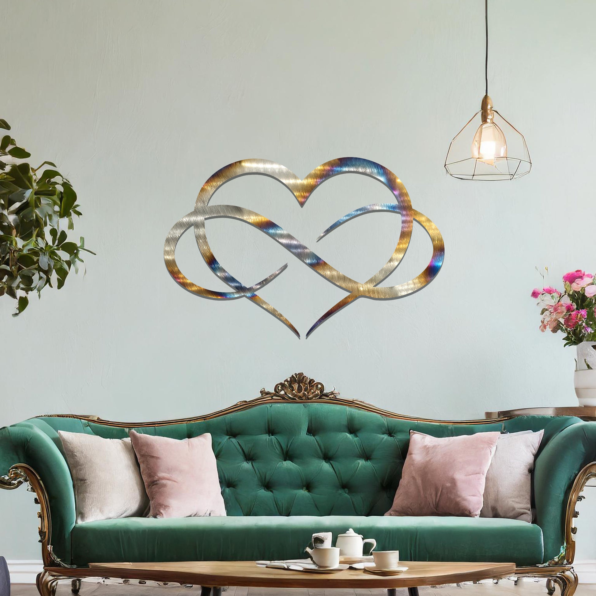 Infinity love heart design with smooth, intertwining curves symbolising eternal love and connection, presented in a bold and minimalist style, perfect for adding a touch of elegance to any space.