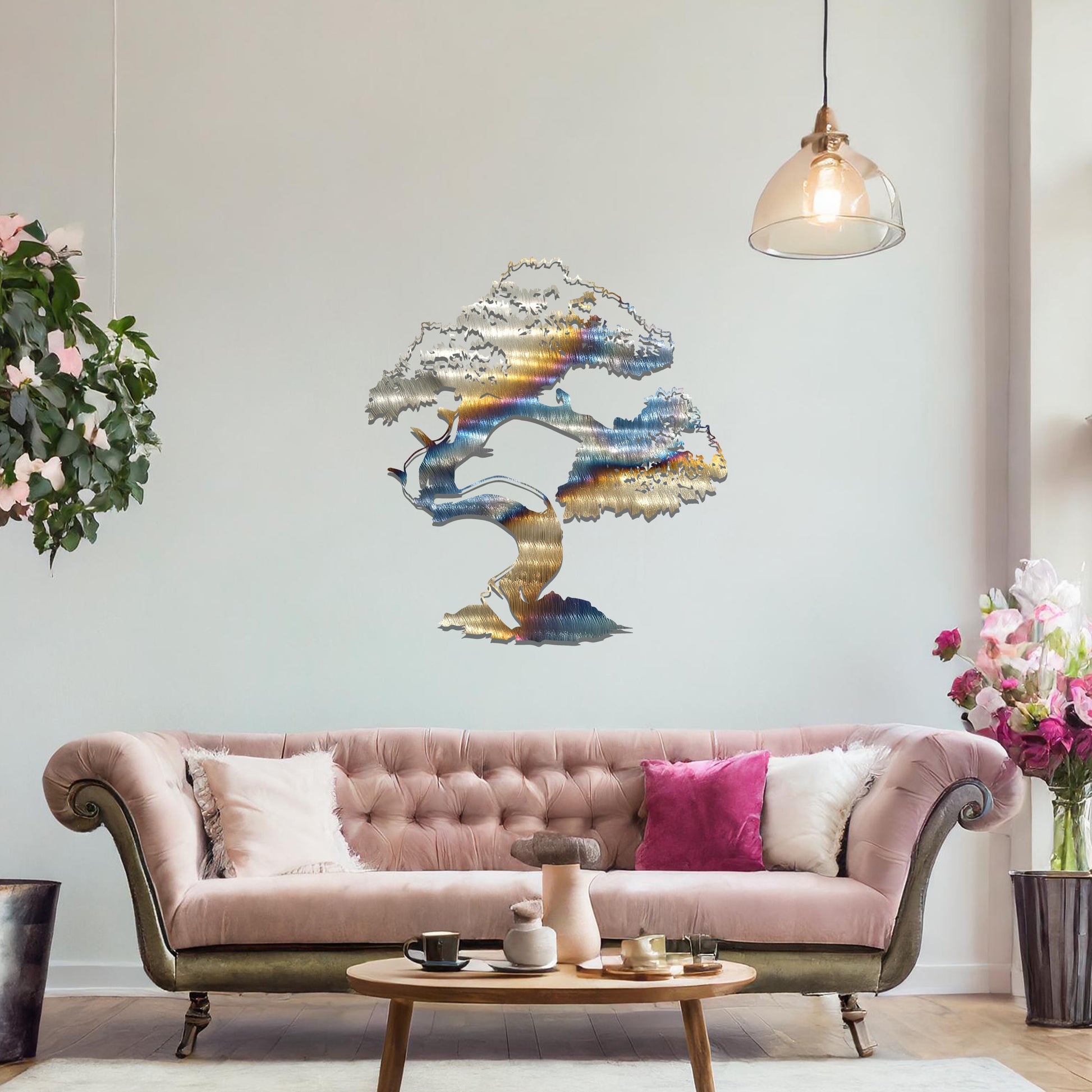 Metal wall art featuring a beautifully detailed bonsai tree design with a gracefully twisted trunk and a lush, intricate canopy, adding an elegant and nature-inspired focal point to the room's decor.