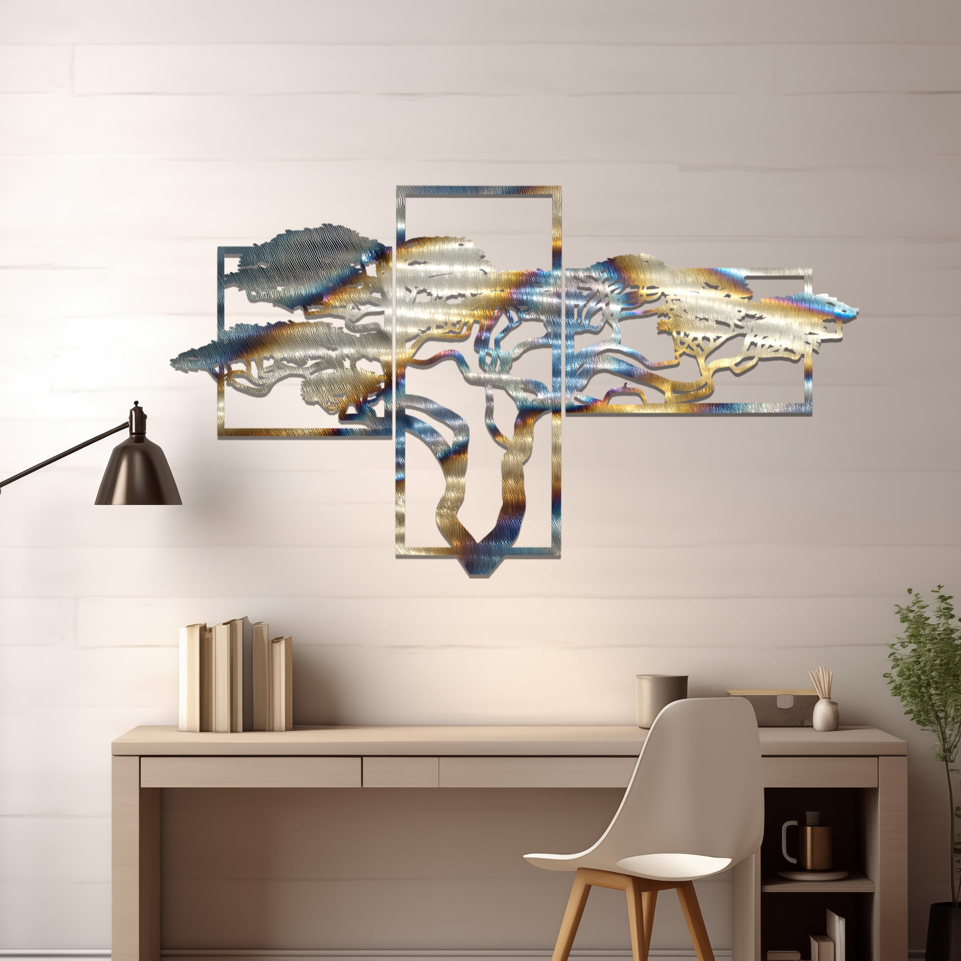Metal wall art featuring a multi-panel tree design with a detailed branching structure, crafted with precise laser-cut techniques, displayed on a neutral wall within modern decor.