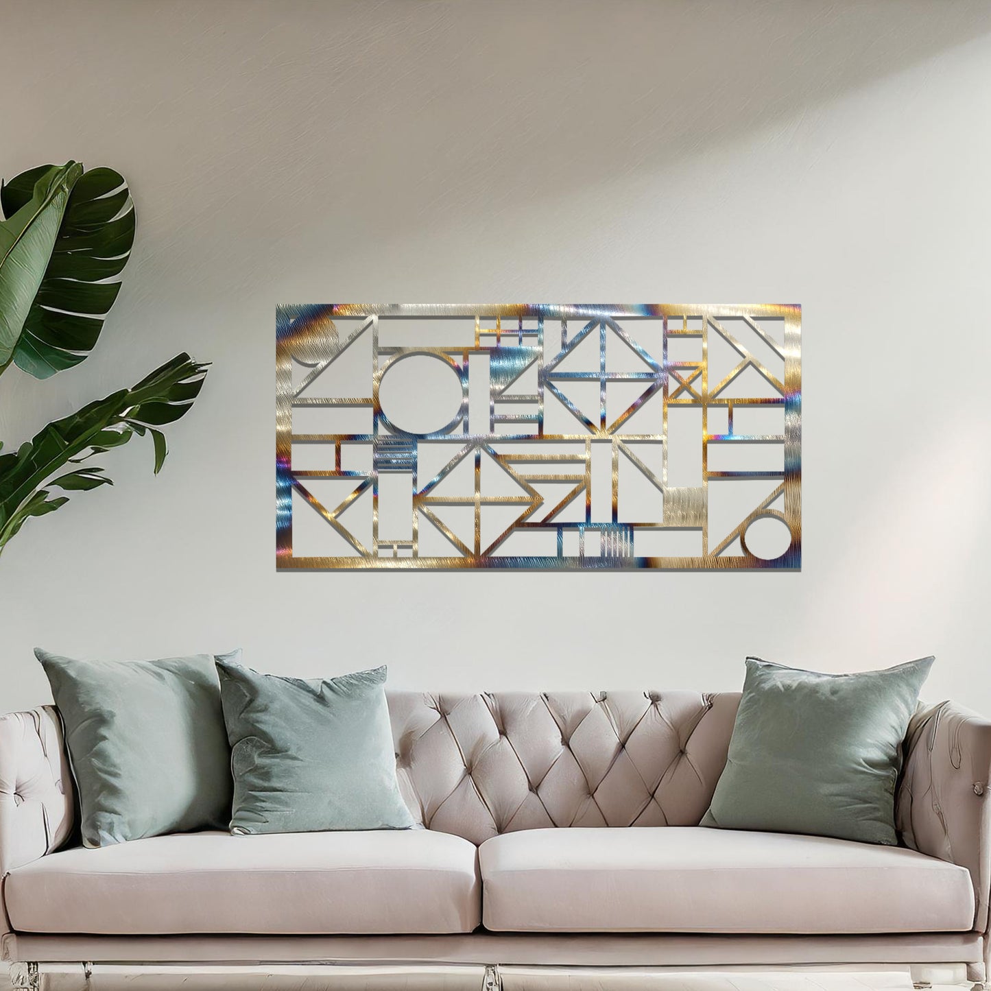 Metal wall art with a geometric design, featuring various abstract shapes, lines, and angles arranged in a structured composition. The art is placed on a neutral wall within modern room decor, adding an artistic touch to the space.