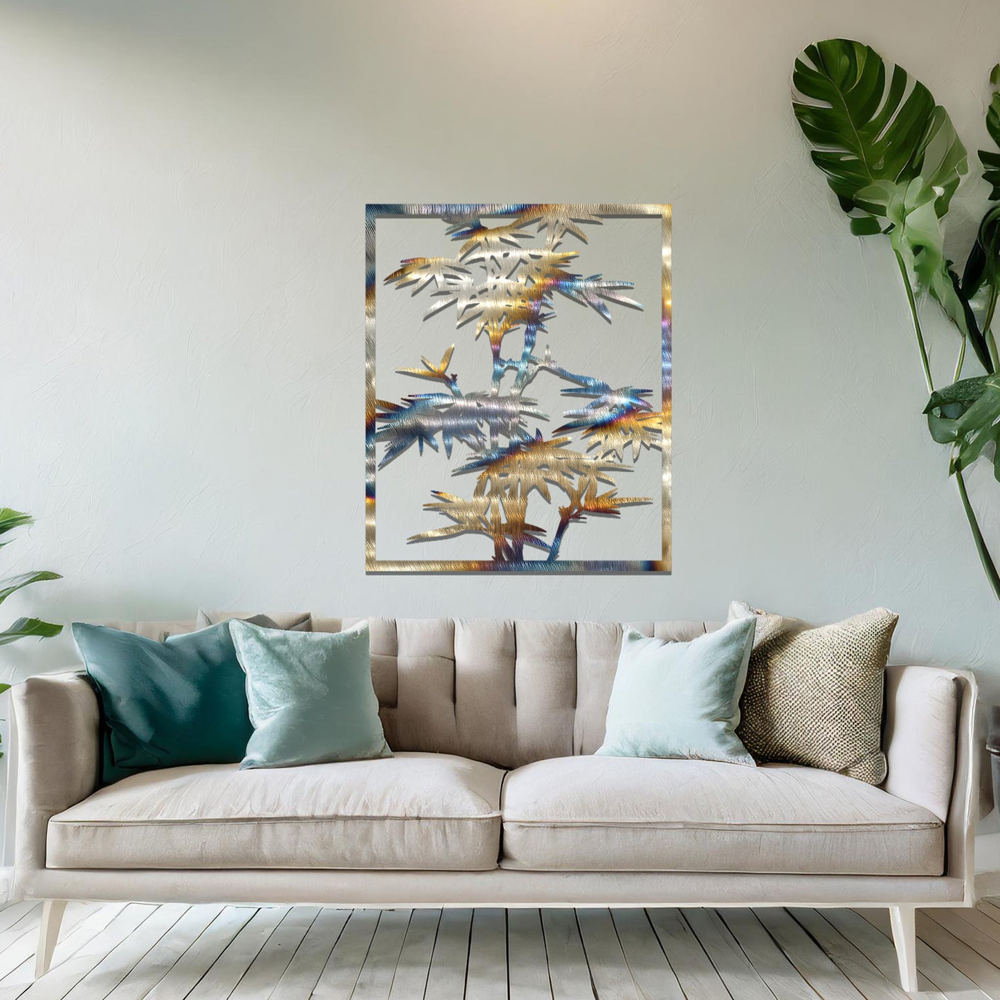 Metal wall art featuring a rectangular design of bamboo stalks with detailed leaves, creating an elegant and nature-inspired accent for the living space.