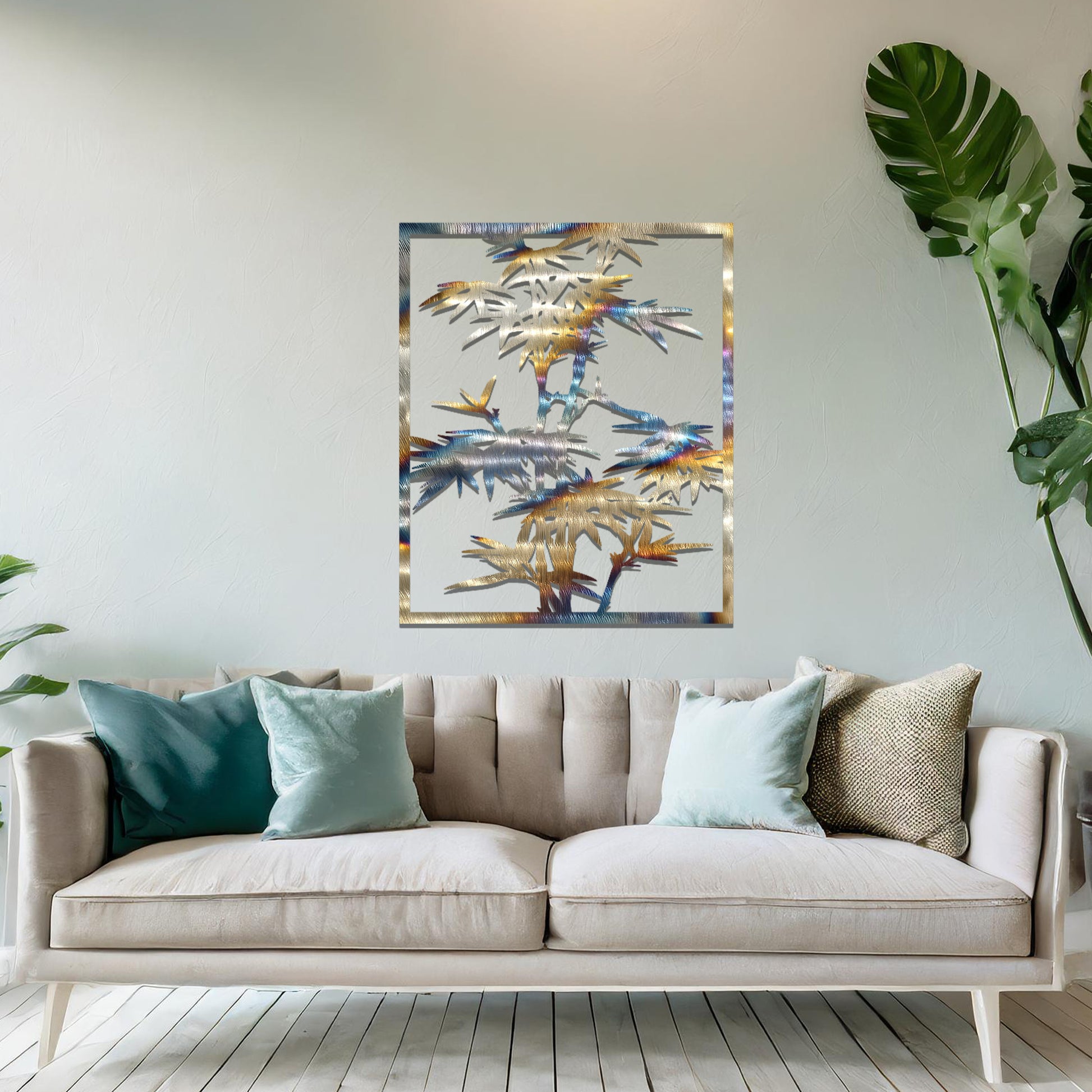 Metal wall art featuring a rectangular design of bamboo stalks with detailed leaves, creating an elegant and nature-inspired accent for the living space.