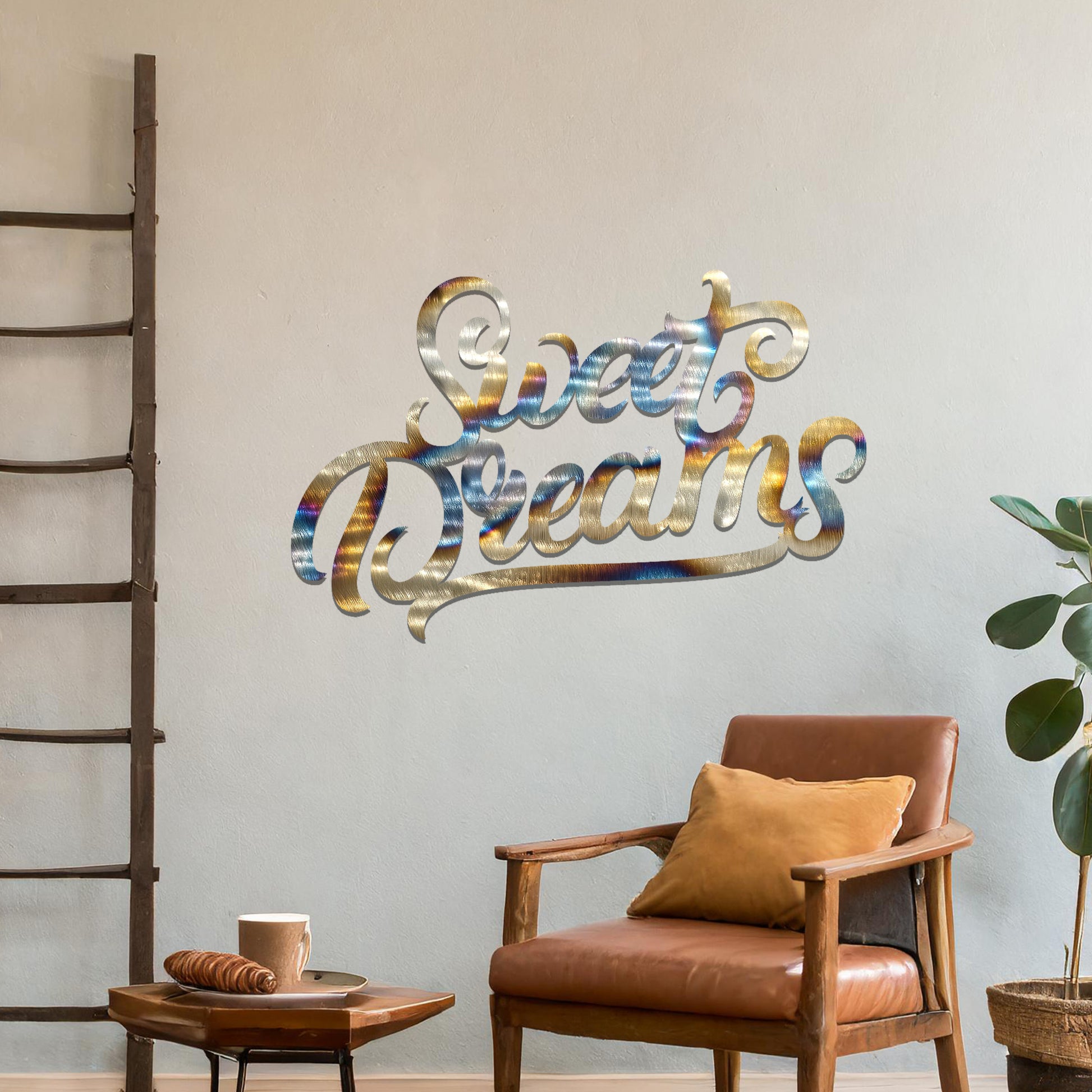 Metal wall art featuring the phrase "Sweet Dreams" in an elegant cursive font, mounted on a neutral wall within modern room decor. The artistic typography adds a charming and comforting focal point, perfect for enhancing the cosy ambiance of the space.
