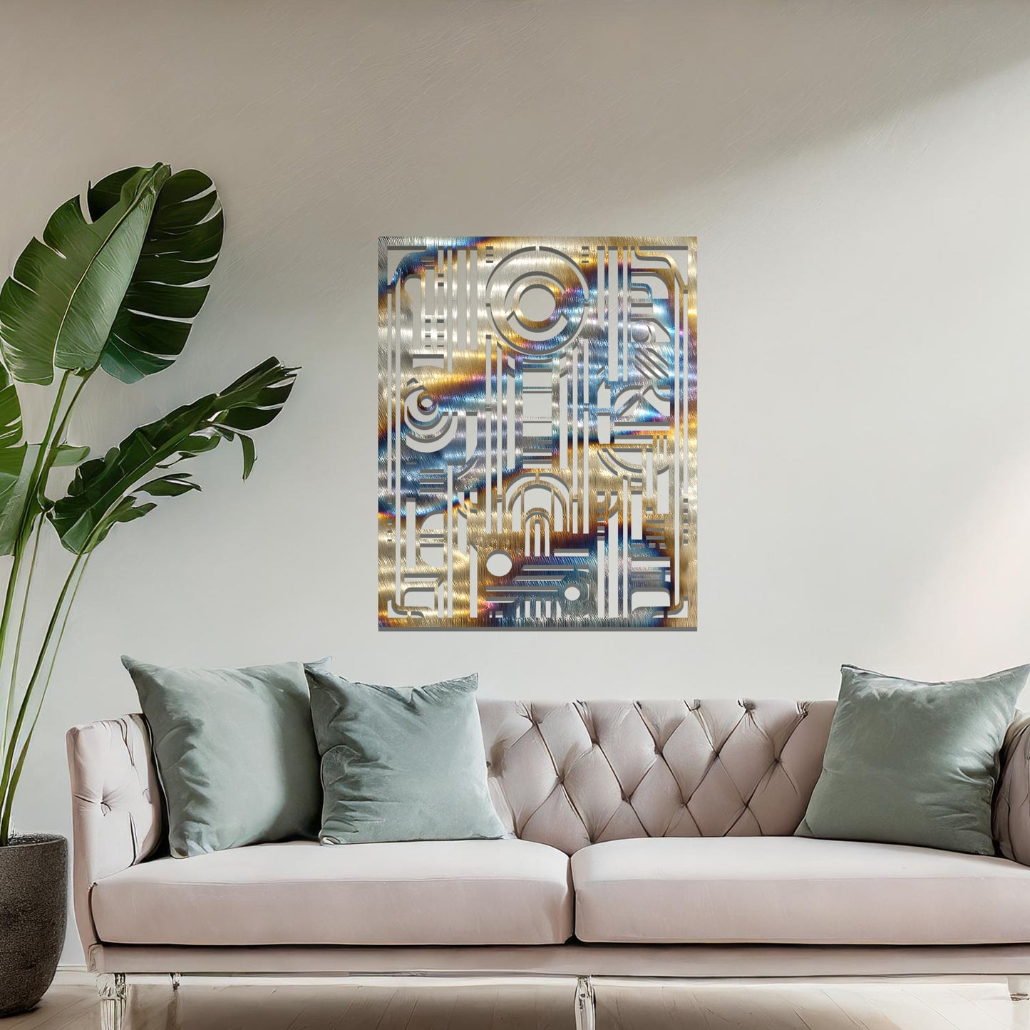 A geometric metal wall art featuring an intricate pattern with a combination of circles, lines, and arches. The design is framed within a rectangular shape, displayed on a neutral wall. The piece adds a modern touch to the room's decor.