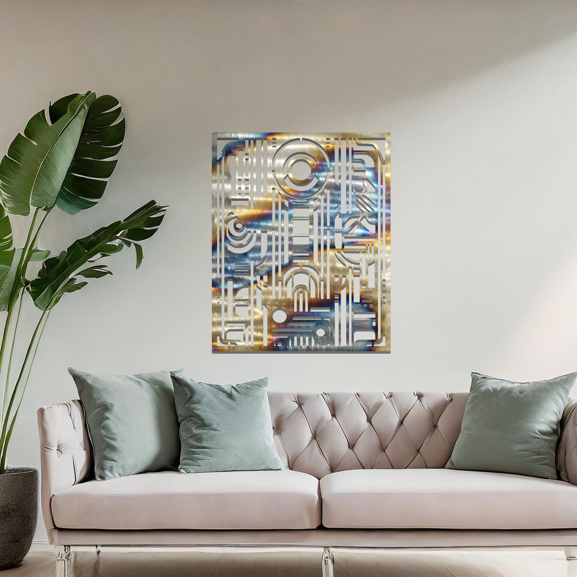 A geometric metal wall art featuring an intricate pattern with a combination of circles, lines, and arches. The design is framed within a rectangular shape, displayed on a neutral wall. The piece adds a modern touch to the room's decor.
