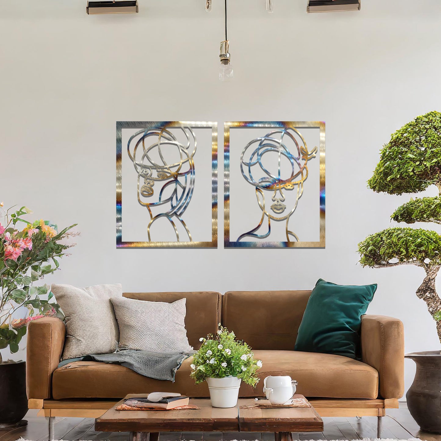 Rustic wall art featuring two abstract portraits of women with intricate line details, offering a sophisticated and modern touch to the living space.