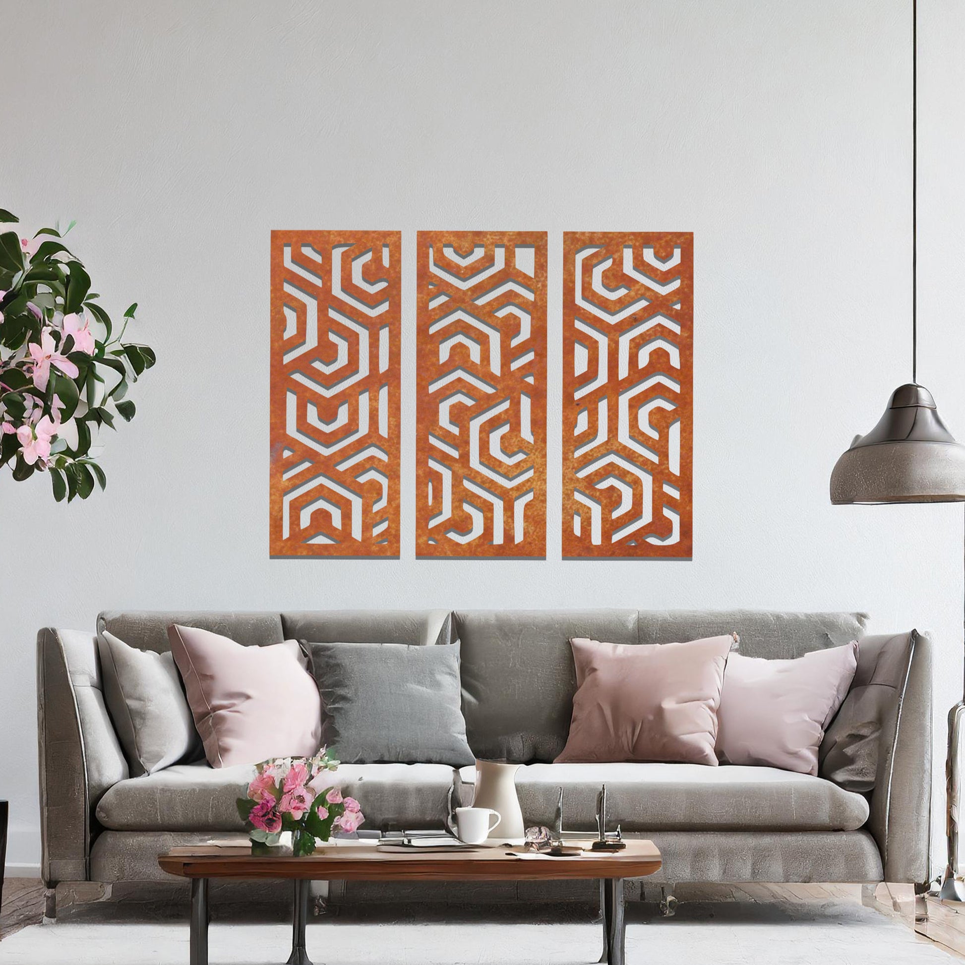 A modern geometric wall art triptych featuring intricate interlocking patterns, perfect for adding depth and sophistication to your living space with a contemporary edge.