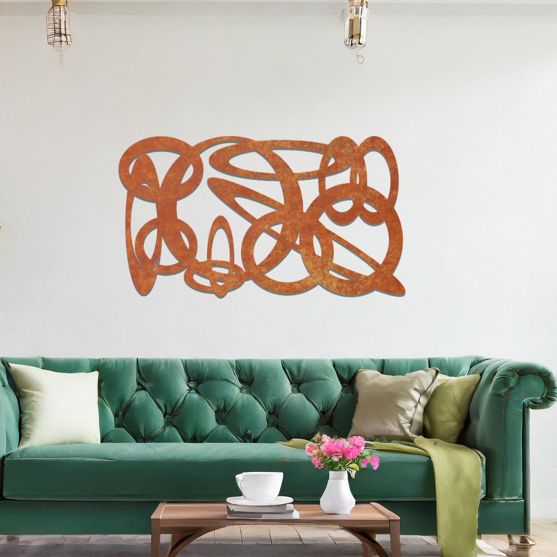 Metal wall art featuring a dynamic, abstract design with overlapping loops and curves. The art is placed on a neutral wall within modern room decor, creating a bold and fluid statement in the space.