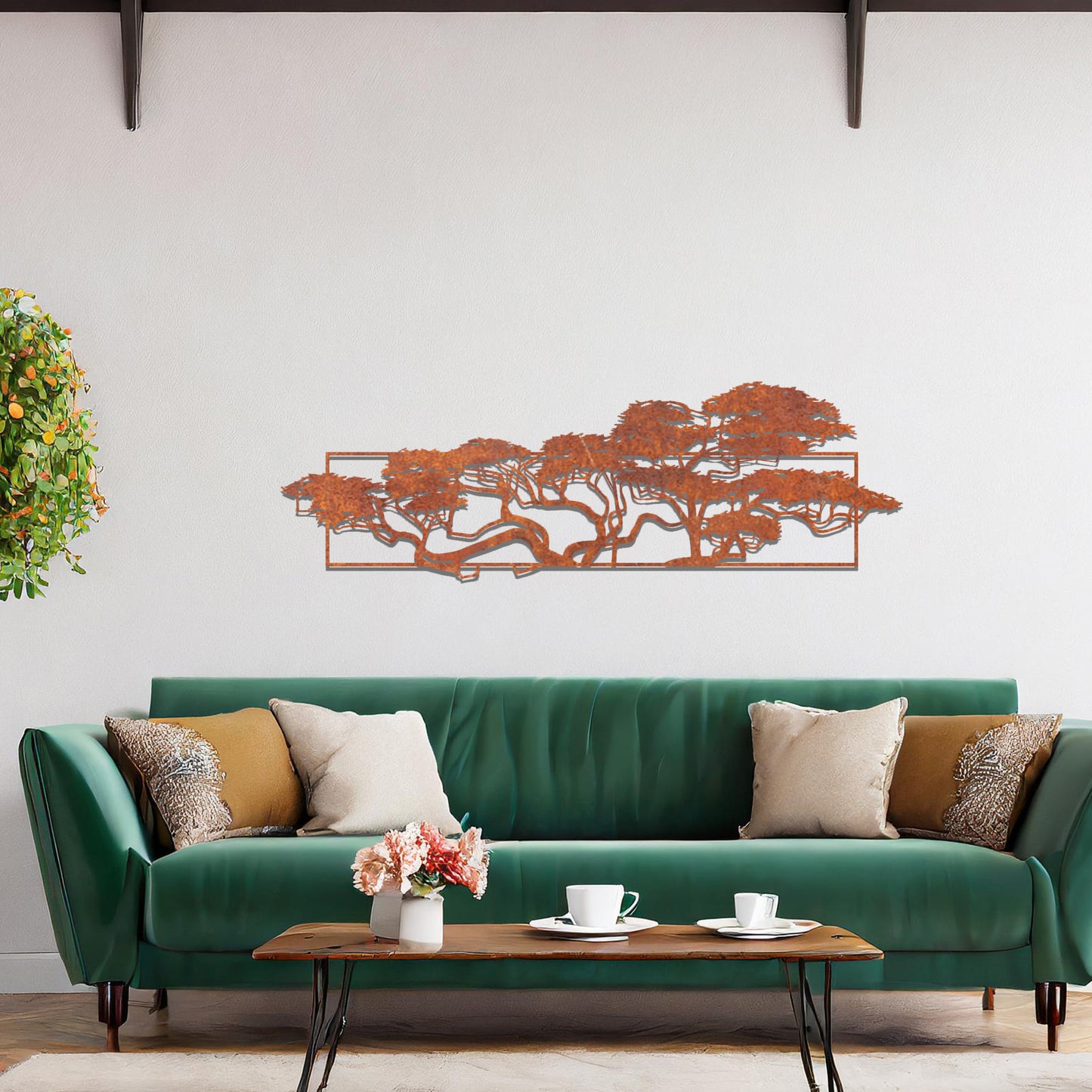 Metal wall art featuring a landscape design of a silhouette of trees with intricate branches, framed within a rectangular panel, crafted with precise laser-cut techniques, displayed on a neutral wall within modern decor.