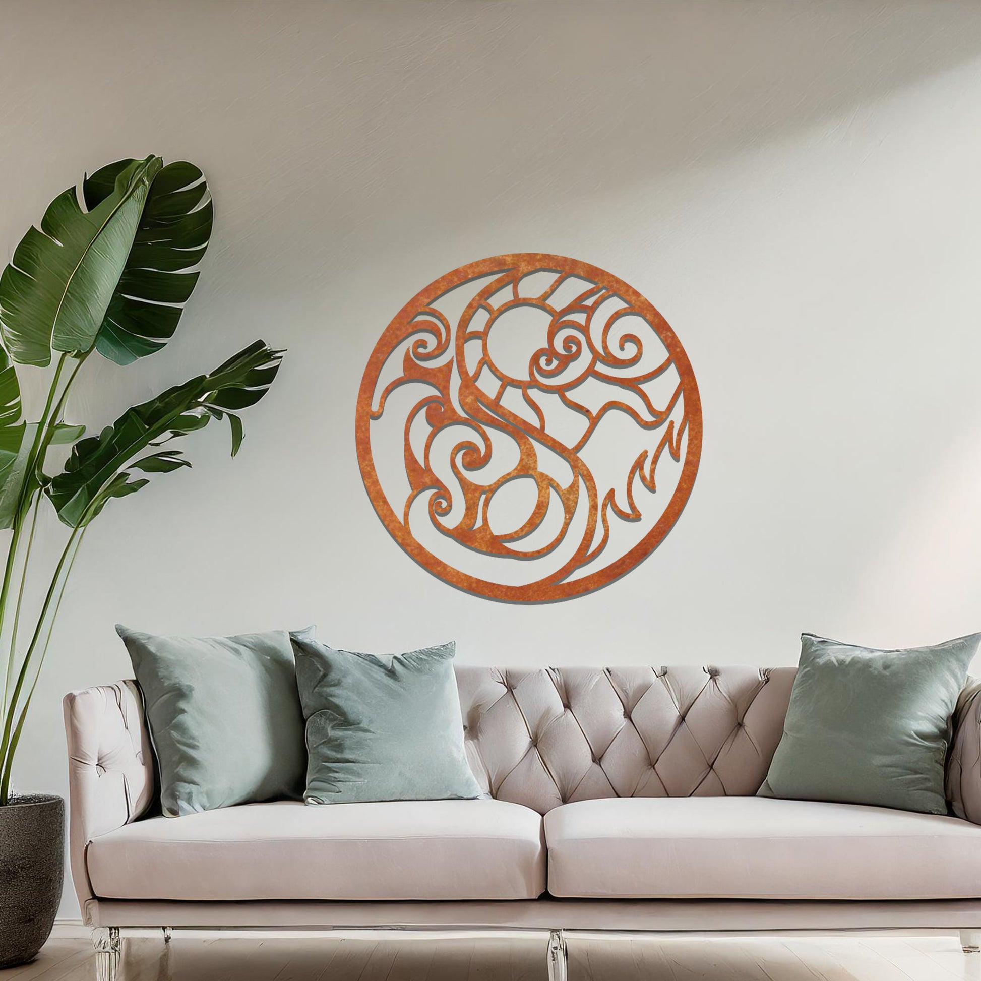 Intricate swirling design forming a circular shape, with dynamic lines representing movement and contrast. The art is displayed on a neutral wall in a stylish room with modern decor and vibrant flowers.