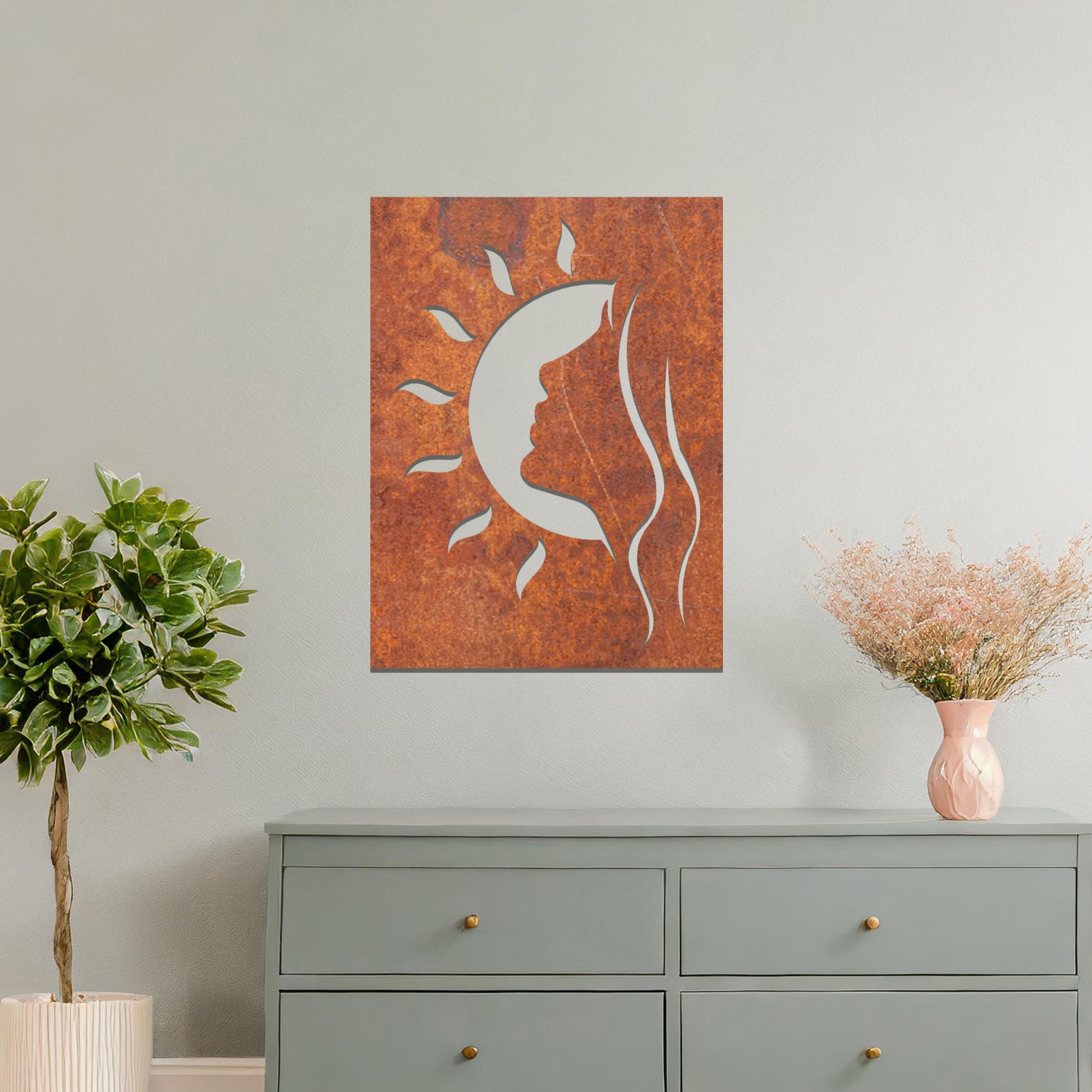 Wall art design featuring the profile of a woman's face combined with a crescent moon and sun rays, creating a harmonious celestial-themed silhouette.