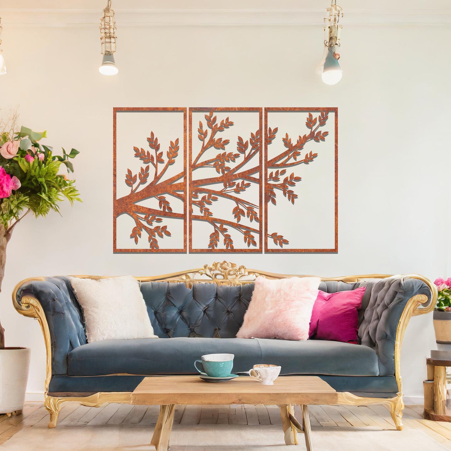 A three-panel artwork featuring an intricate branch design adorned with detailed leaves, creating a captivating and natural aesthetic. Perfect for enhancing any wall space with elegance.