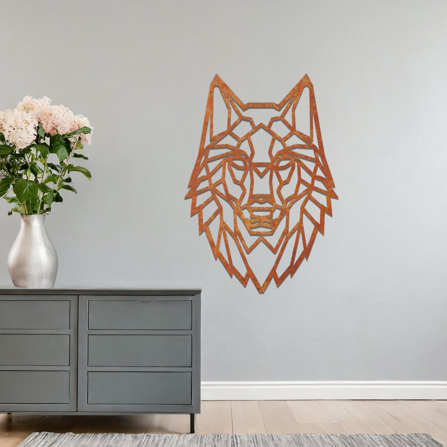 A geometric wolf head wall art design, blending modernity with the untamed spirit of nature. Its intricate lines form a striking focal point for any contemporary living space.