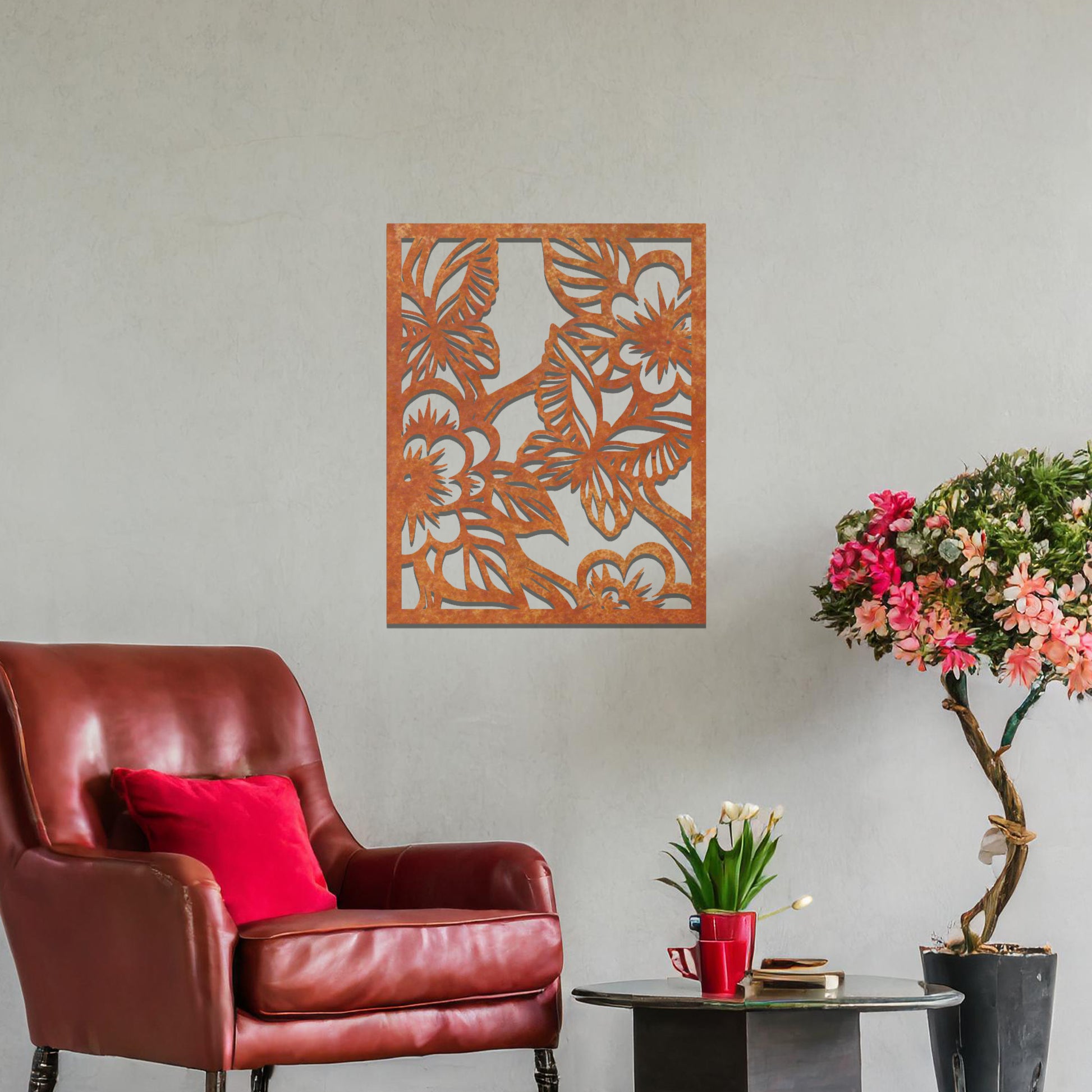 Metal wall art featuring a square design with a floral motif of blooming flowers and intricate leaves, mounted on a neutral wall within modern bedroom decor. The delicate detailing and natural theme create a soothing and elegant focal point, enhancing the space's aesthetic.