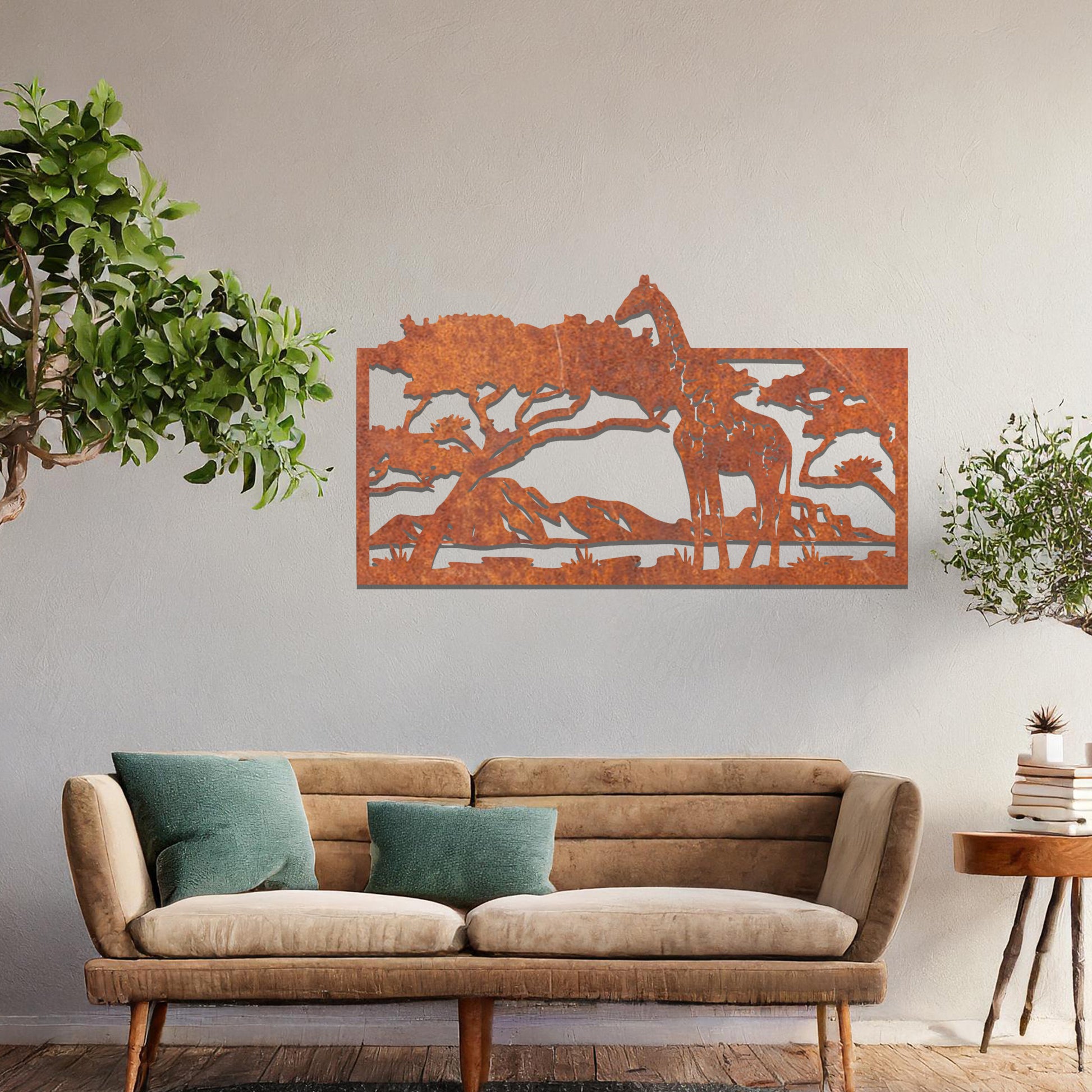 A stunning wall art piece showcasing a giraffe standing gracefully beneath a tree, set against a backdrop of mountains and an expansive savanna landscape. Perfect for bringing an essence of wildlife into your space.