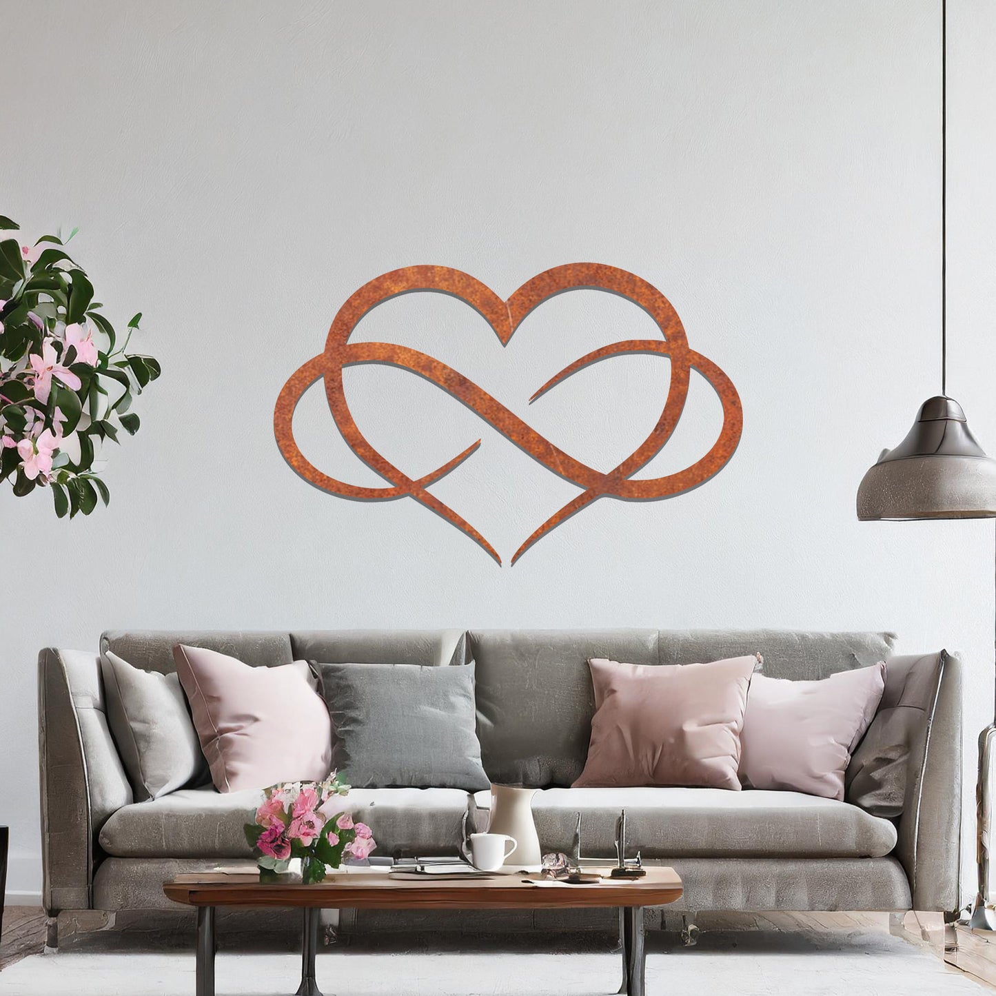 Infinity love heart design with smooth, intertwining curves symbolising eternal love and connection, presented in a bold and minimalist style, perfect for adding a touch of elegance to any space.