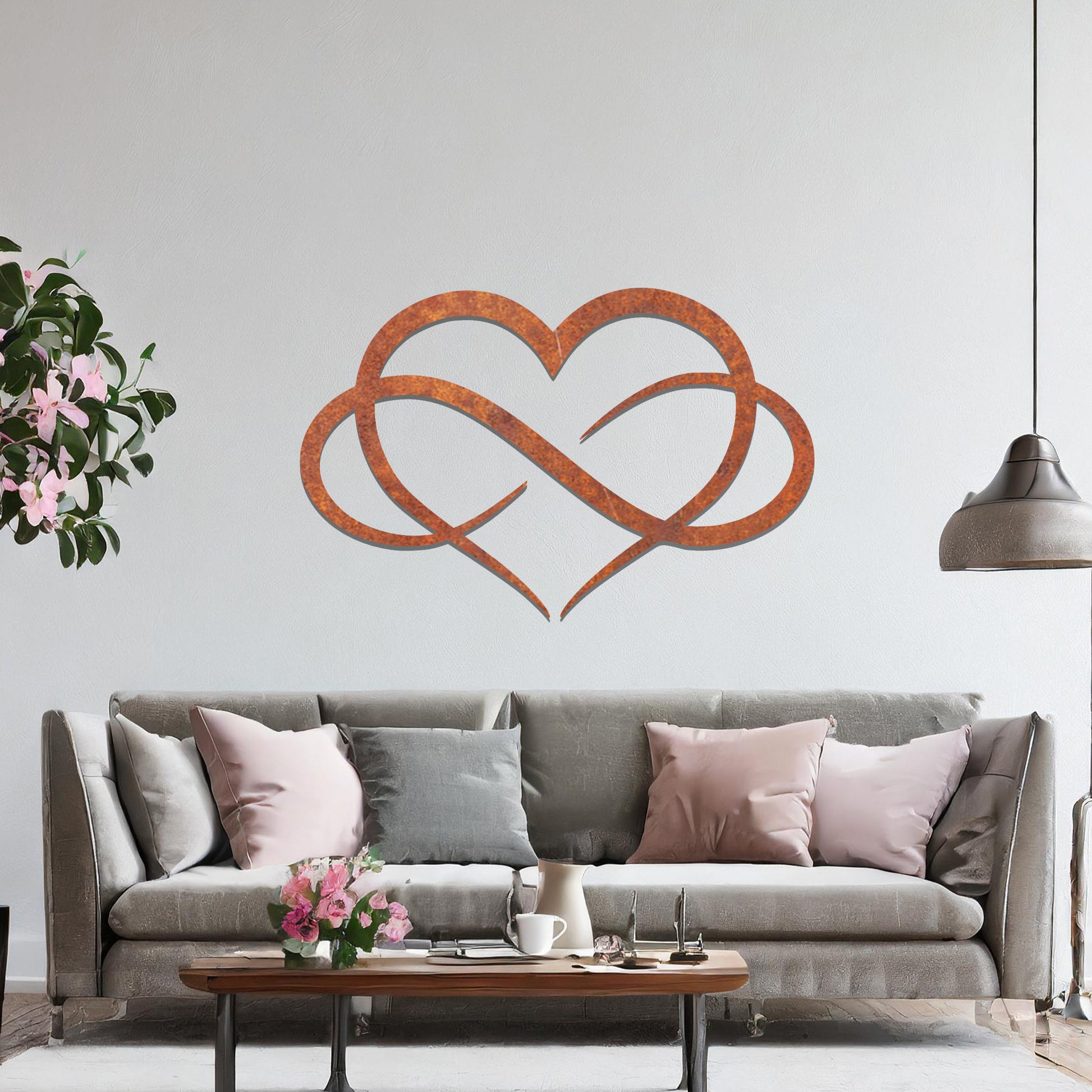 Infinity love heart design with smooth, intertwining curves symbolising eternal love and connection, presented in a bold and minimalist style, perfect for adding a touch of elegance to any space.
